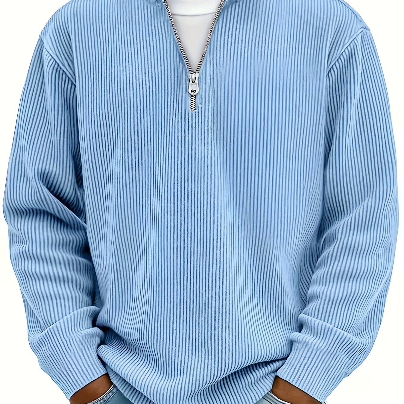 TEMU Men's Spring And Fall Collar Zip-up Ribbed Texture Long Sleeve Shirts Loose Casual Half- -color Textured Outerwear Versatile For Daily Trendy