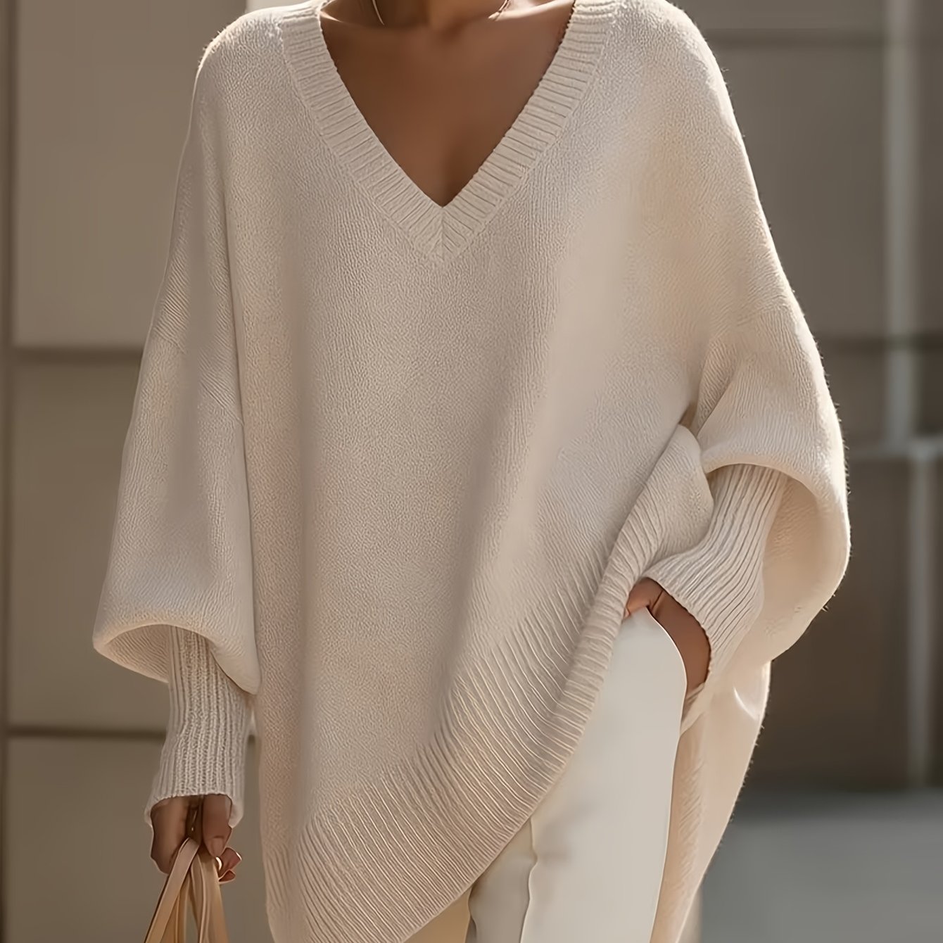TEMU Plus Size, Relaxed Elegant Women's Plus-size V-neck Sweater, Loose Batwing Sleeve Solid Pullover Sweater, Autumn/winter High- Or Dress, Perfect