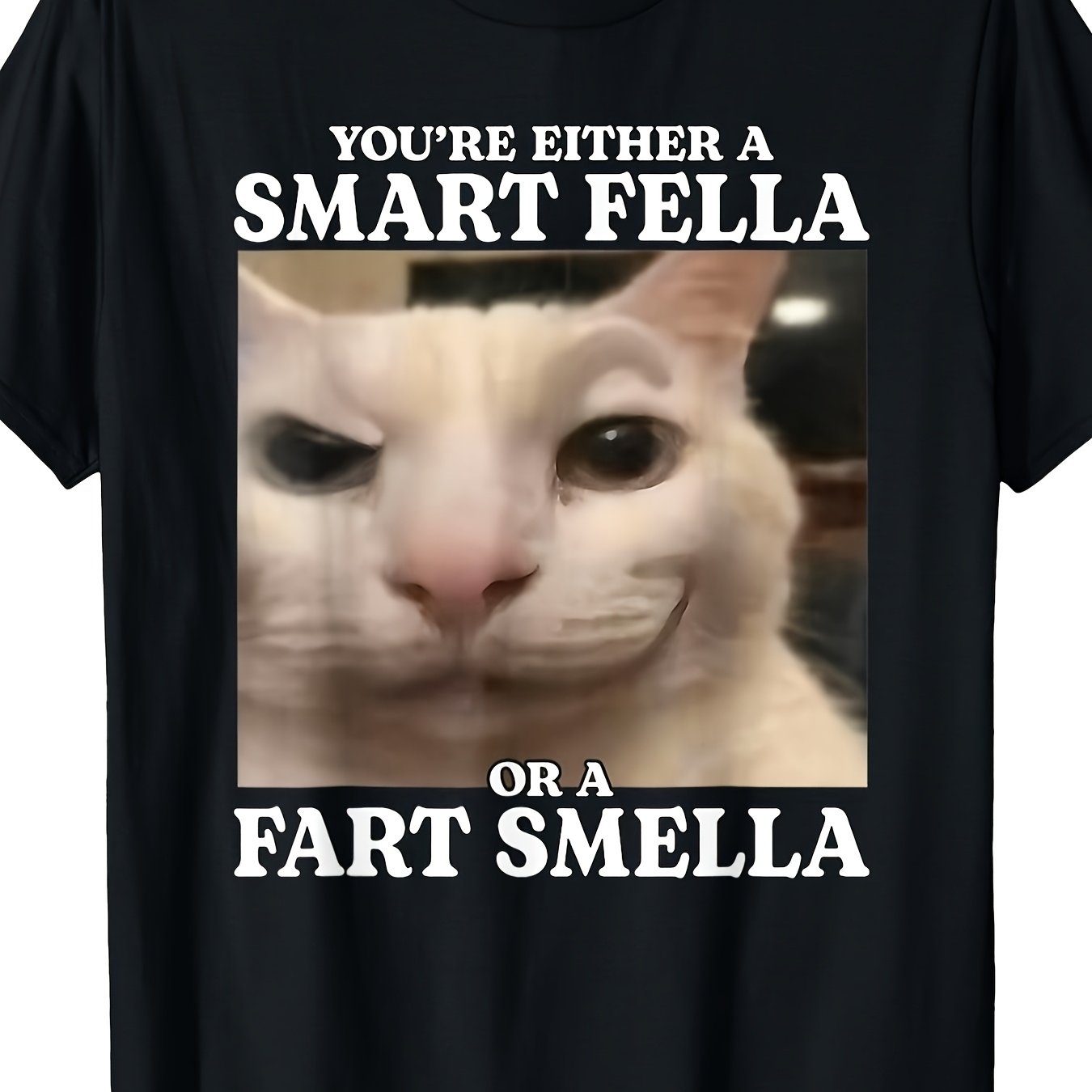 TEMU Men's Funny Cat Meme - Guy Smells Fart Graphic - Black With White Text - Comfortable Breathable Crewneck - Machine Washable Casual Wear For