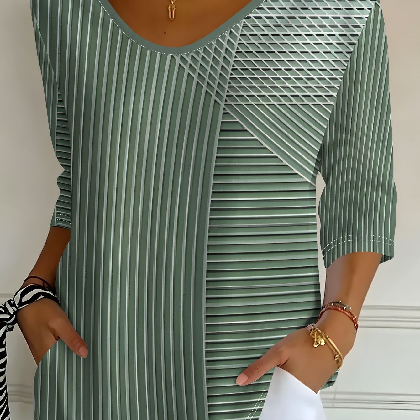TEMU Esign - Not Texture Women's Ash Green Architectural Geometric Structure Print Collared Three-quarter Sleeve T-shirt Spring Autumn Casual Top