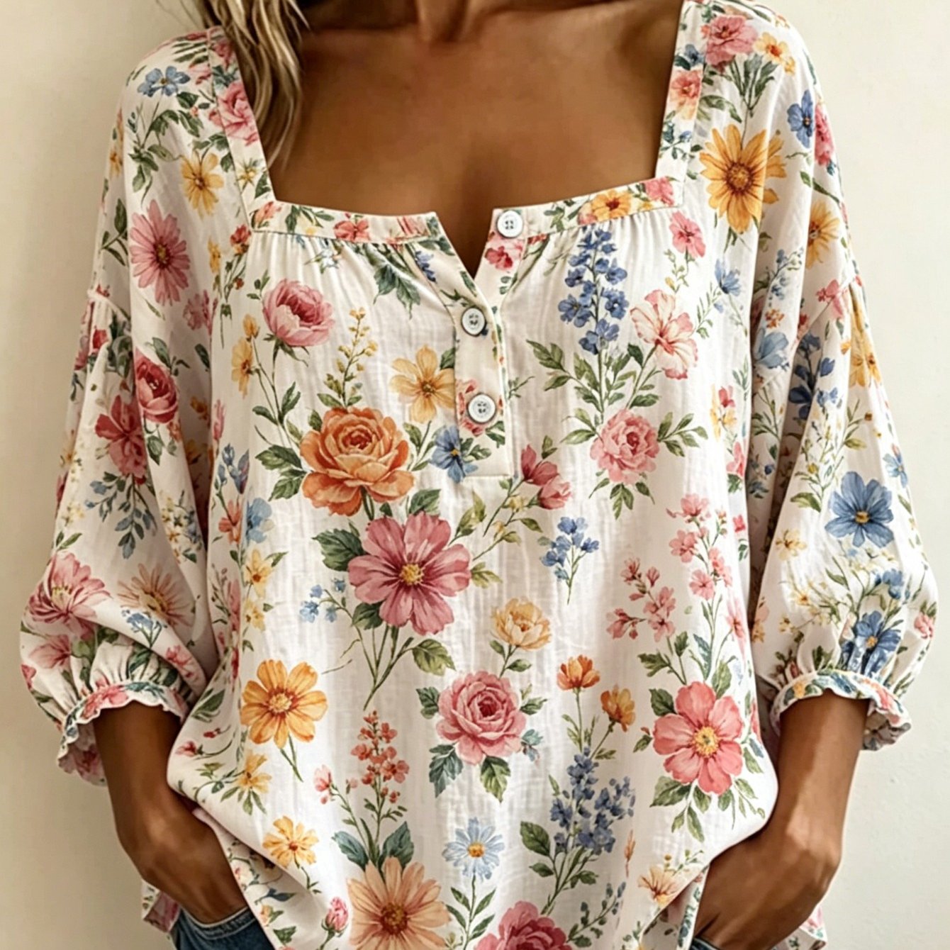 Plus Size, Women' Neck Button Front Blouse 3/4 Puff Sleeve Multicolor Mixed Floral Loose Fit Tunic Tops For Work Office Daily Wear