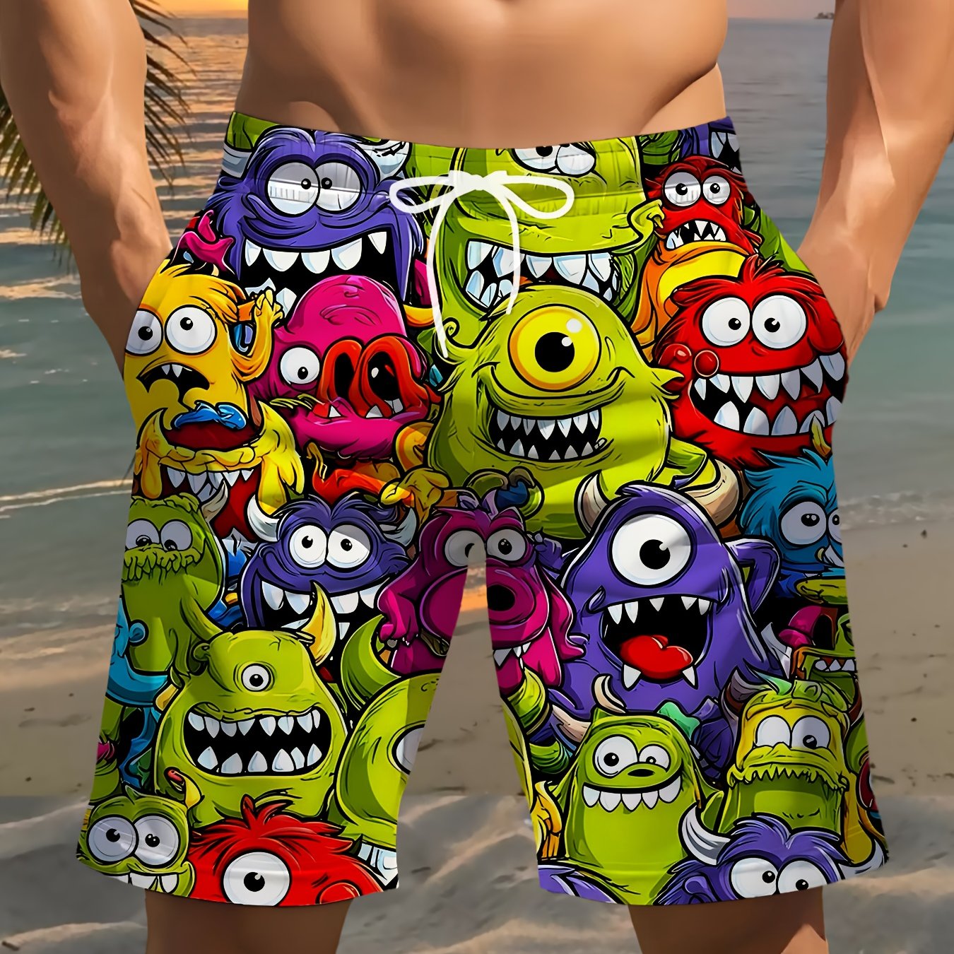 TEMU Men's Fashion Print Beach Shorts, Cartoon Monster Abstract 3d Print, Casual Polyester Drawstring Waistband, Lightweight And Comfortable For