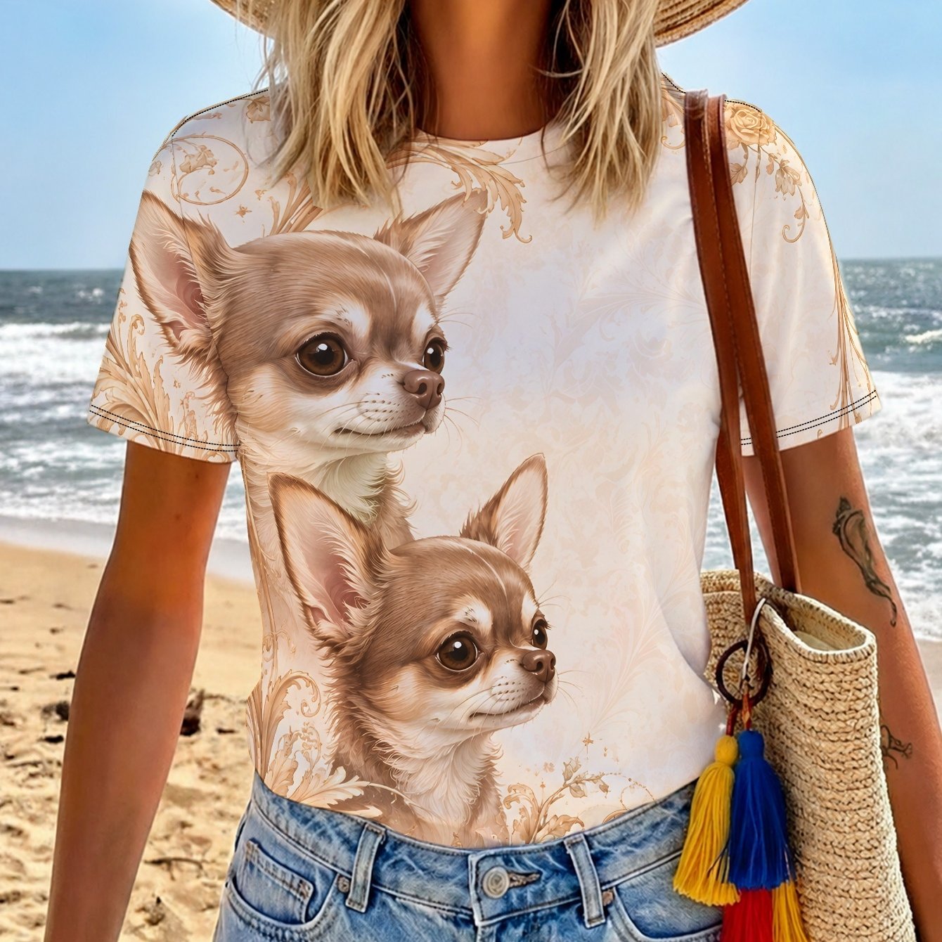TEMU Baroque Chihuahua Golden Halo Women's Casual Short Sleeve T-shirt With Printed Design - No Texture//sequins