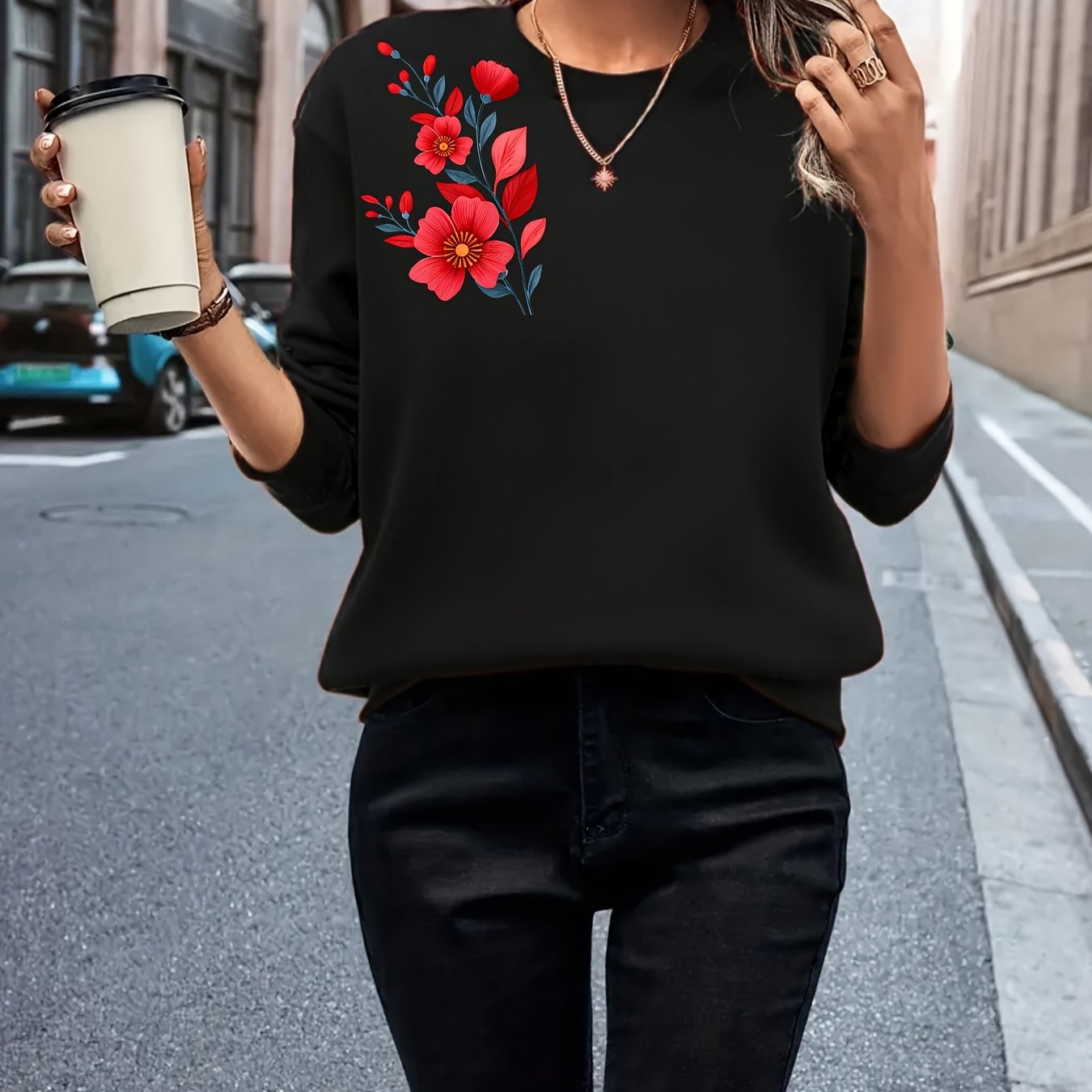 TEMU Pull à manches longues tendance avec impression thermotransfert multi-, pull décontracté et confortable pour femmes, printemps/été/automne, col