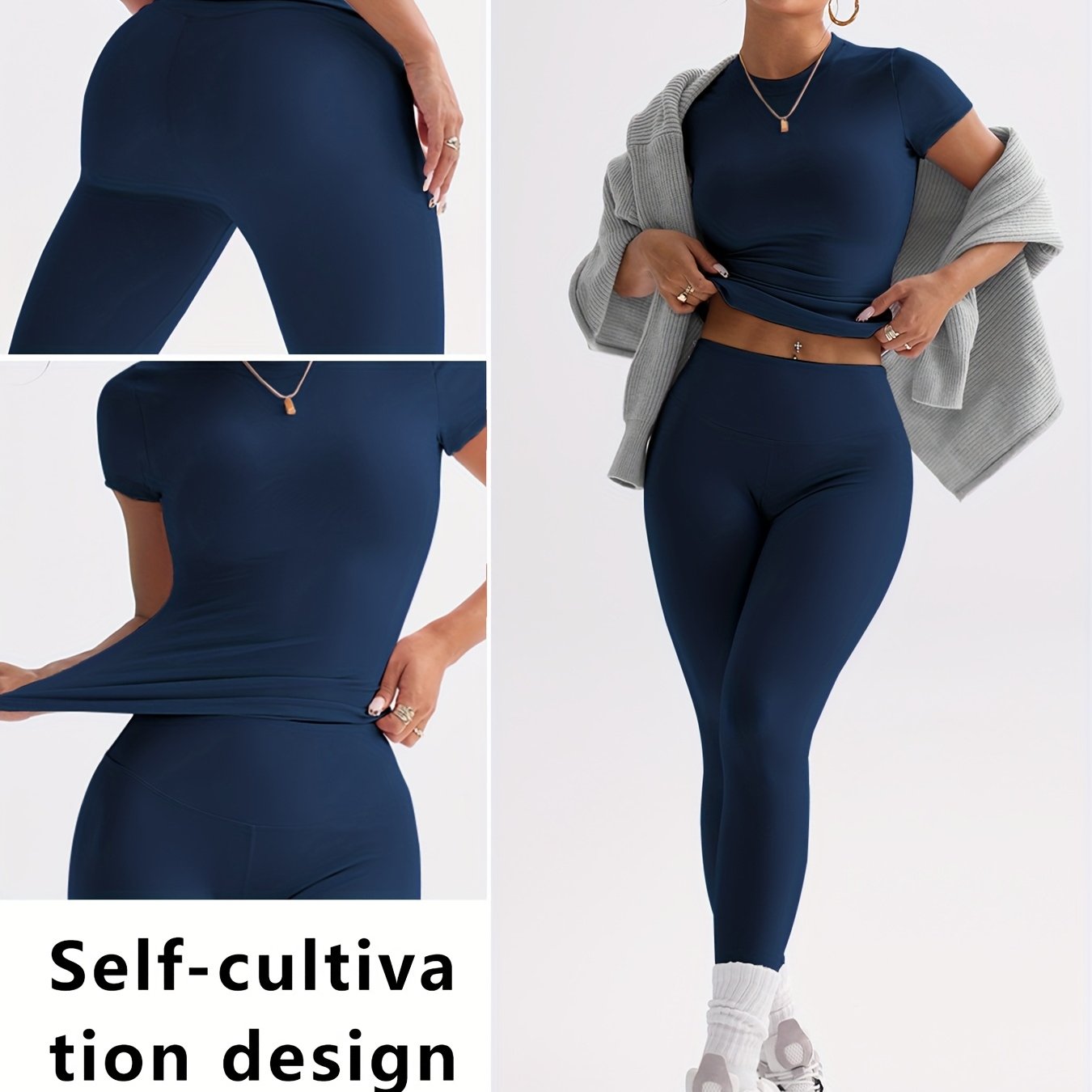 Cute Solid-colored Top, Elastic Fitted Round Neck Sweet Fashionable All-match Trendy Jacket Elegant High-waist Tight Casual -lifting Daily Leg-lengthening -lifting Street Run Yoga Two-piece Set