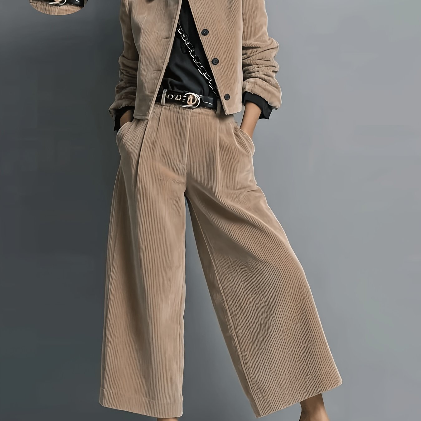 TEMU Ensemble de costume pour femmes ( ceinture), veste en velours et pantalon de cheville, ensemble pièces, vêtements d'automne/hiver pour femmes,