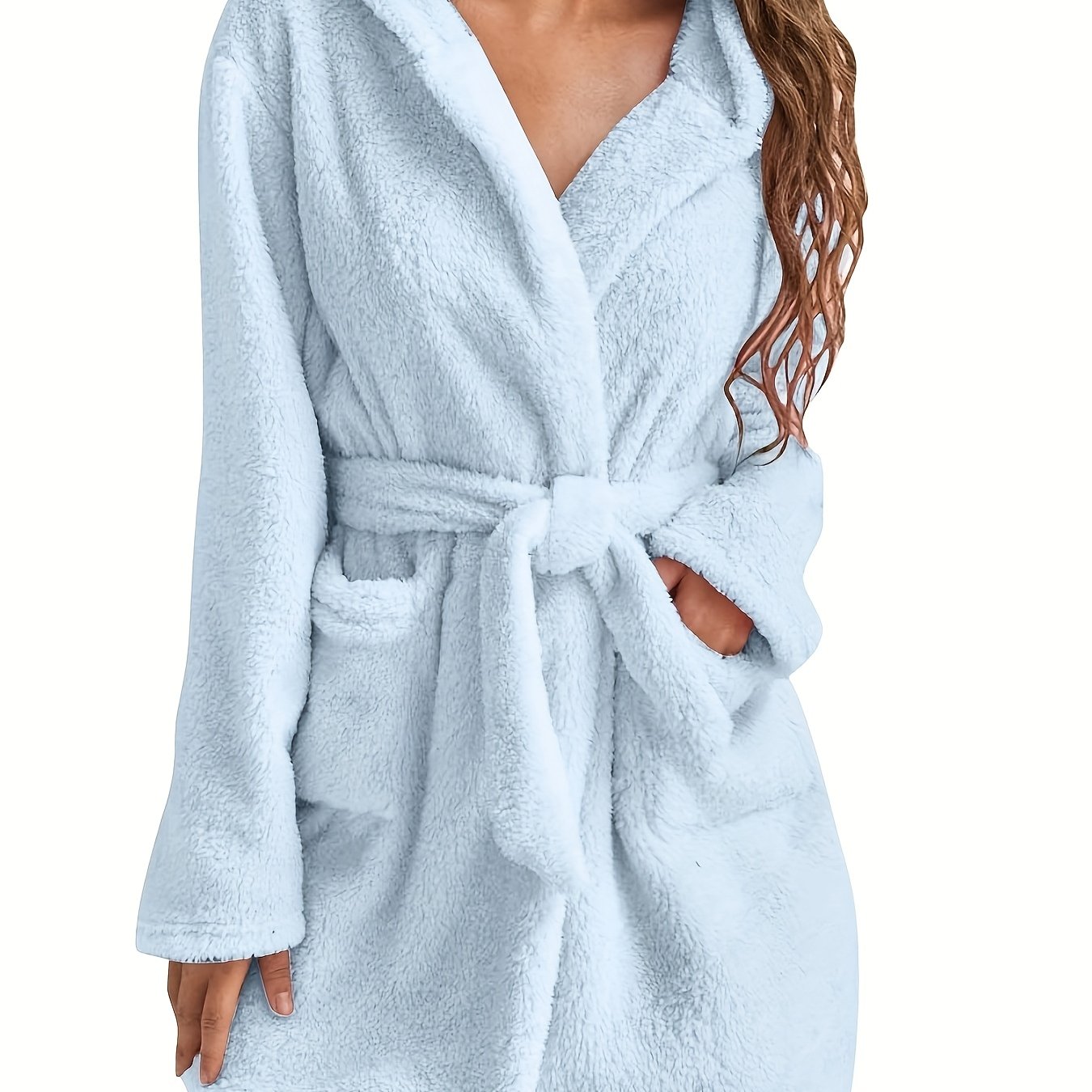 Image of Hot Cross-border Hooded Home Plush Pajamas Solid Color Warm Bathrobe Women, Comfortable Loose Fit