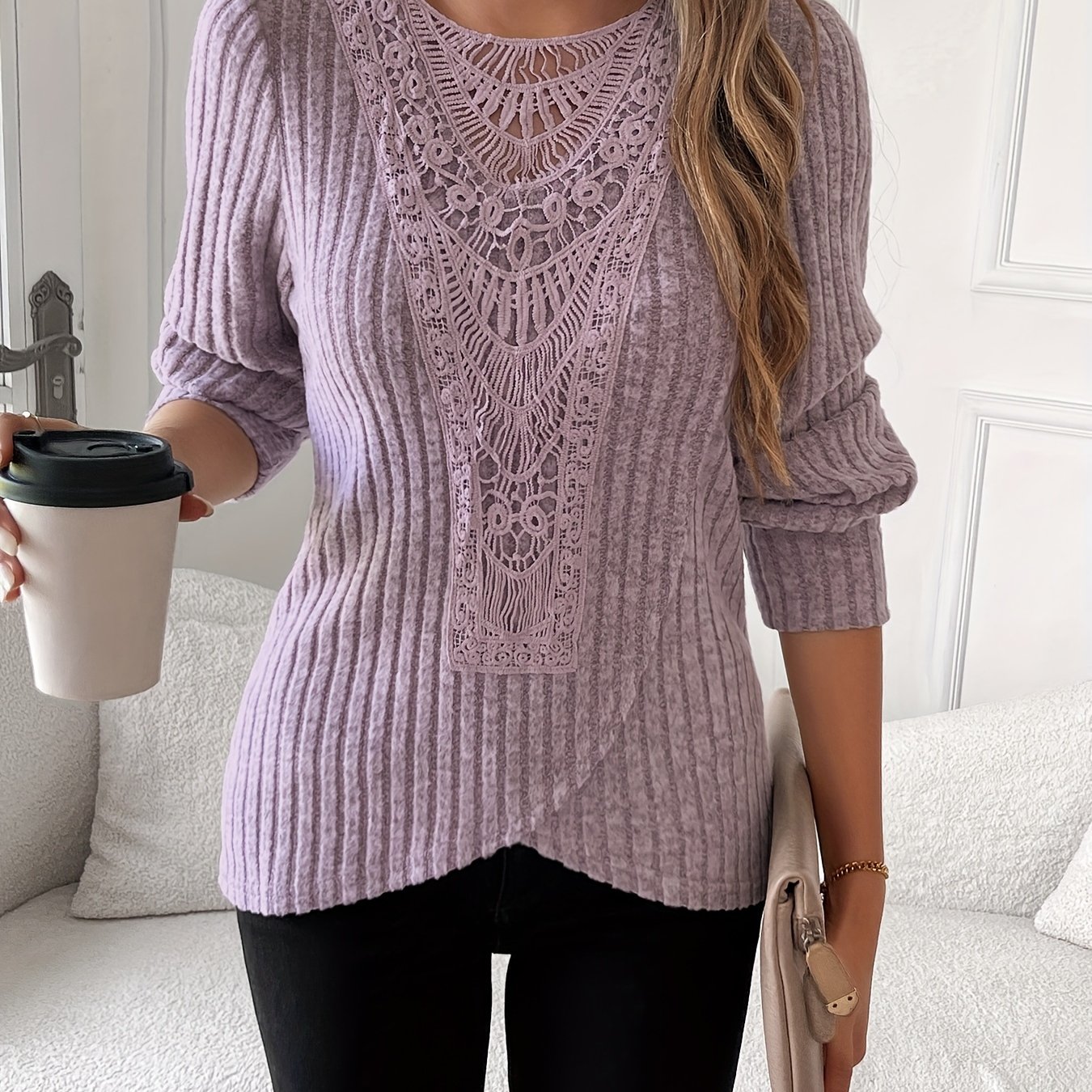 TEMU Lace Trimmed Round Neck Long Sleeve T-shirt