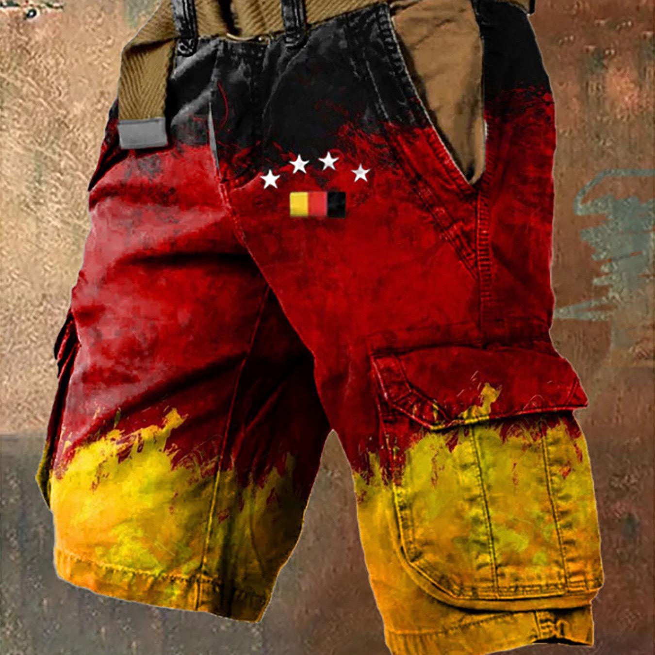 Men's Red, Yellow And Black Gradient Cargo Shorts With Belgian And Print, Tactical-inspired Multi- Shorts With Brown Belt