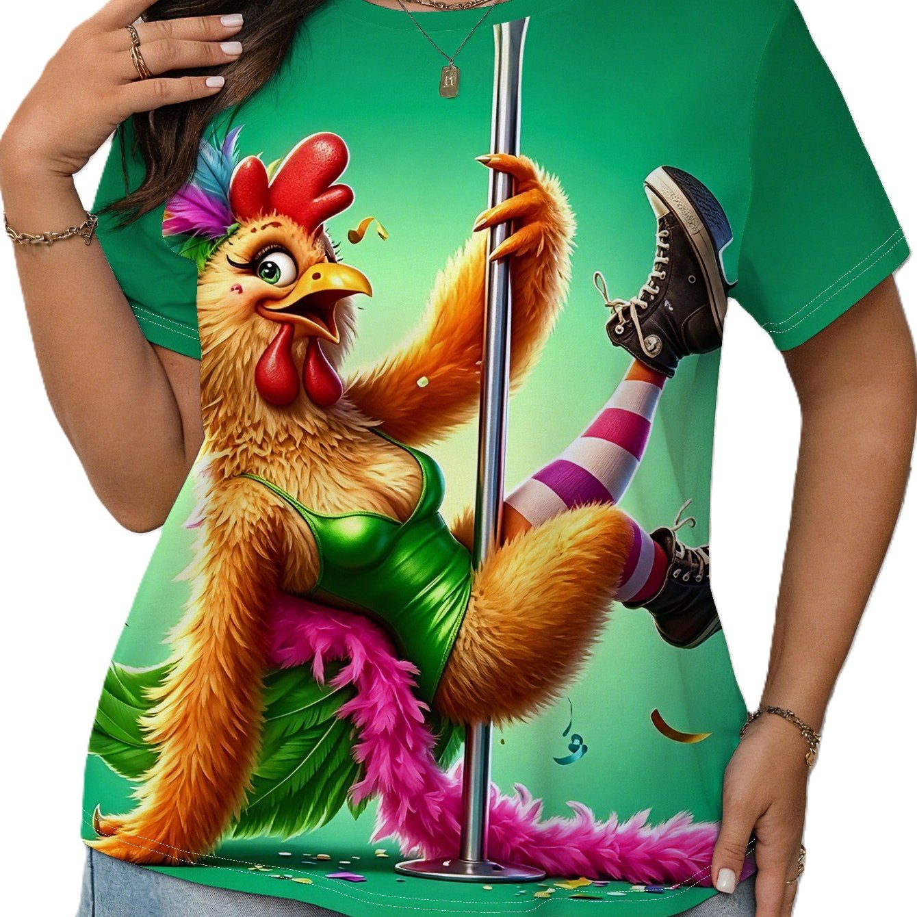 TEMU Printed Design - Not Textured Women's Casual Short Sleeve T-shirt, Cartoon Chicken Pole Dance Print Design, And Style, Women's Round Neck Top,