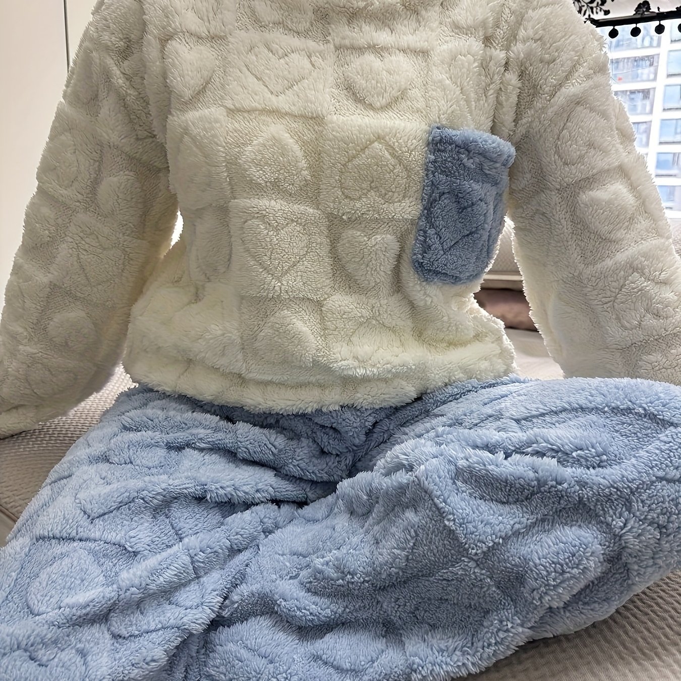 Women' Color Loungewear Pajama Set, Heart Jacquard, Solid Color, Top With Pocket, Refreshing And Comfortable, 100% Polyester Fiber, Suitable For Autumn And Winter Wear