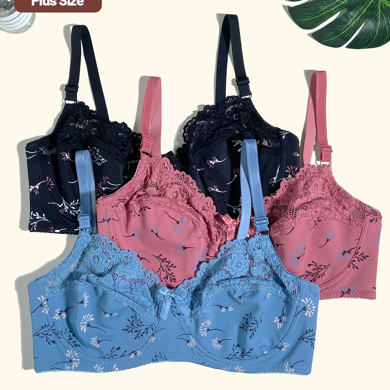 TEMU 3pcs Set Plus Size Thin Floral Print Glossy Lingerie For Women, Adjustable Straps, Underwire For Bust Support, Anti-sagging, Shaping,