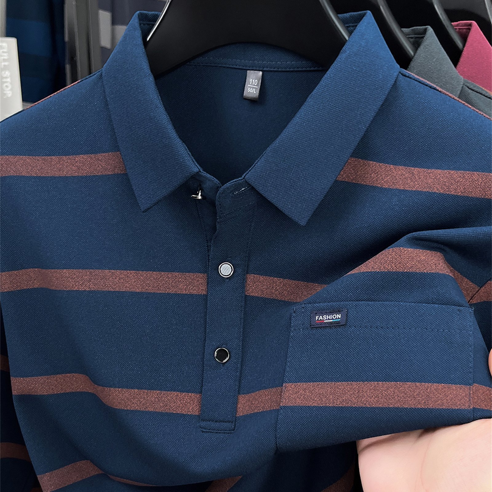 TEMU Middle-aged Man Spring Autumn Long Sleeve T-shirt Striped Shirt With Real Pockets New Dad Style Shirt Casual Versatile Lapel Collar Bird