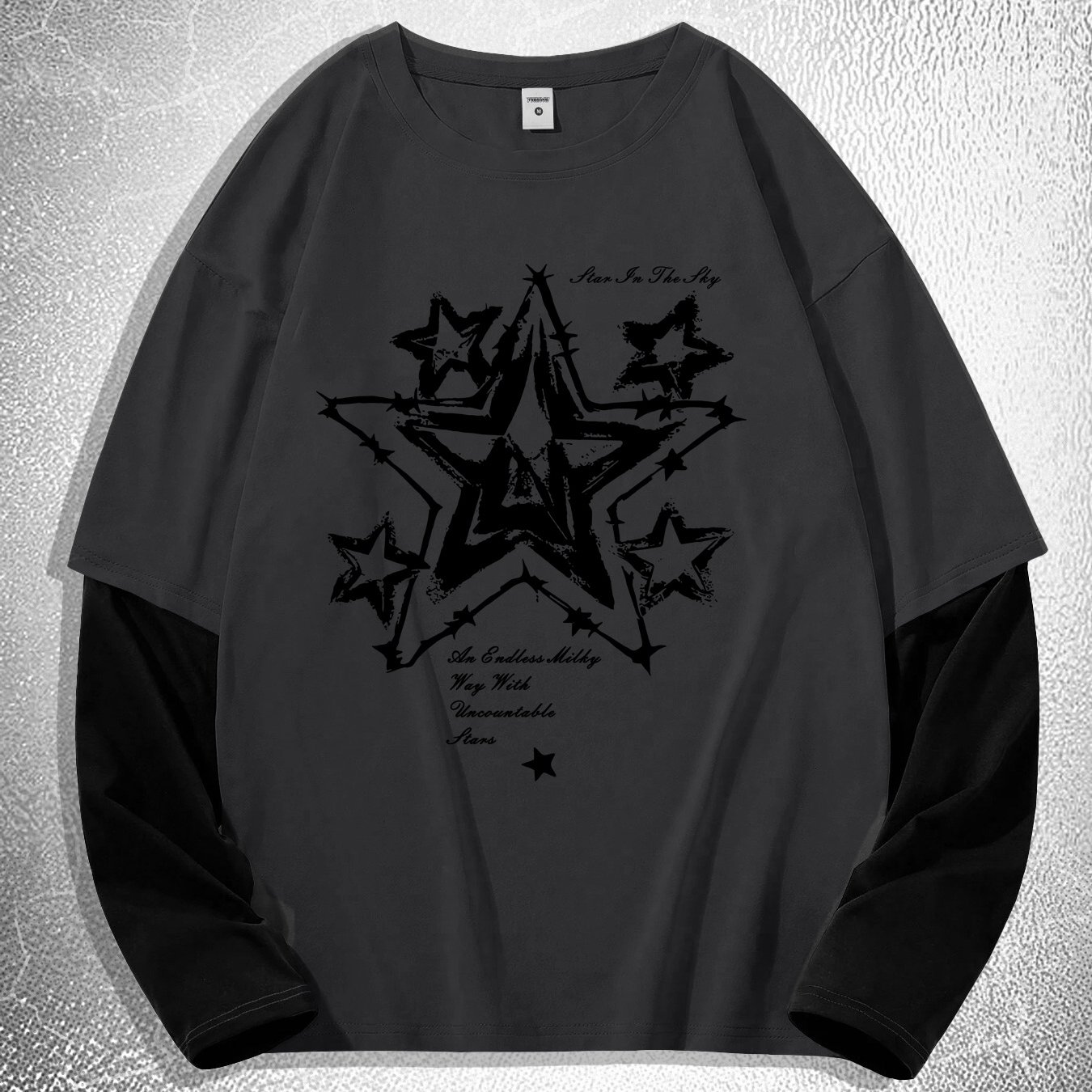 TEMU Gothic Print Colorblock Long Sleeve T-shirt - 2-in-1 Look -fit Round Neck Casual Shirt With / Geometric Patterns, Spring/fall Layering Piece For
