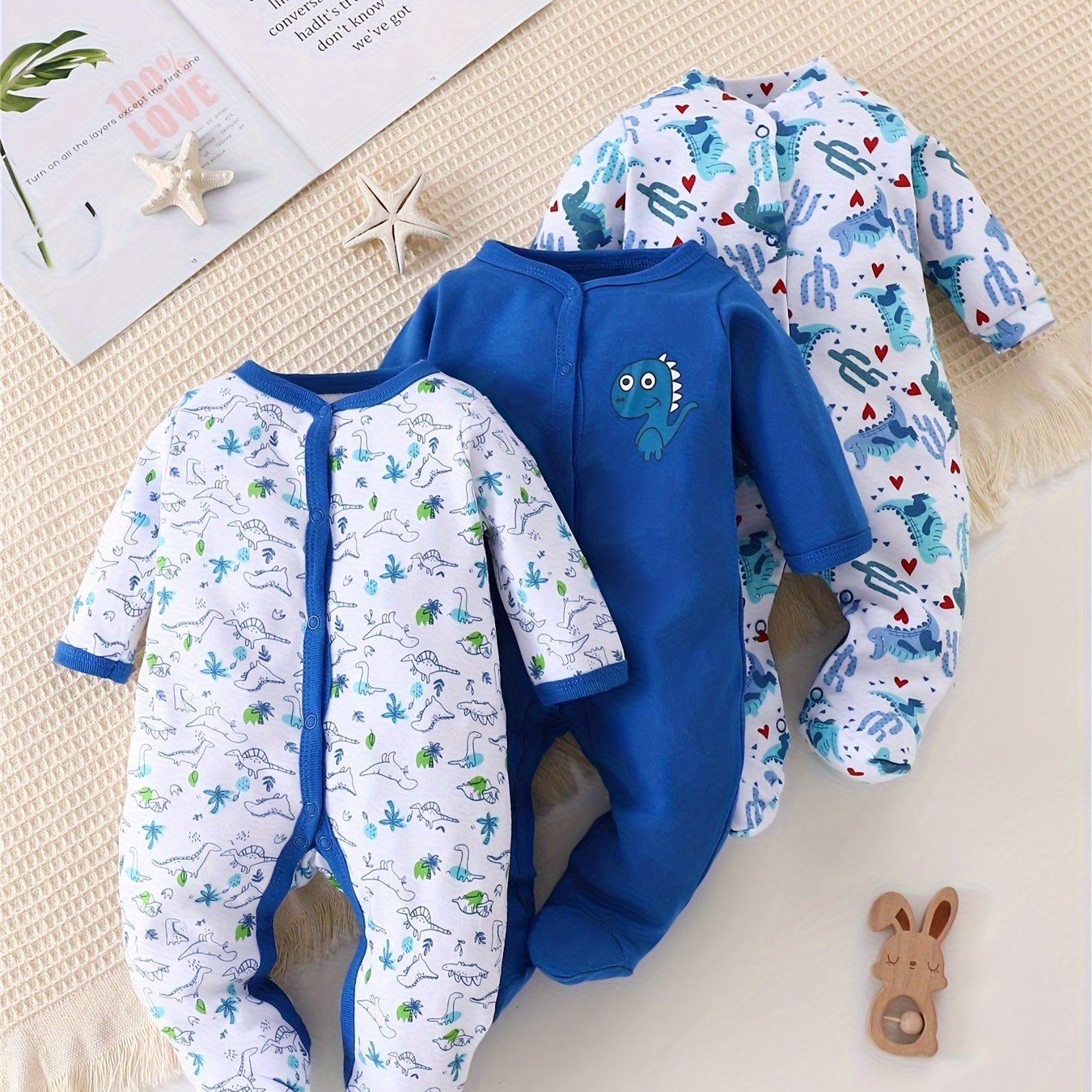 Baby Bodysuit, Boys' Fall Winter 100% Footed Bodysuit, Newborn Dinosaur Print Crawling Suit, 3-pc Boys' Bodysuits, For Outdoor