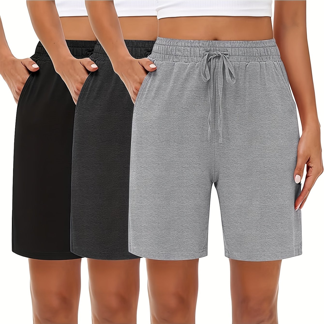 Plus Size - Plus Size - 3pcs Plus Size Women's Shorts Set, Sweat-absorbent, Walking, Sprinting, Knee-length, Drawstring Shorts With Pockets