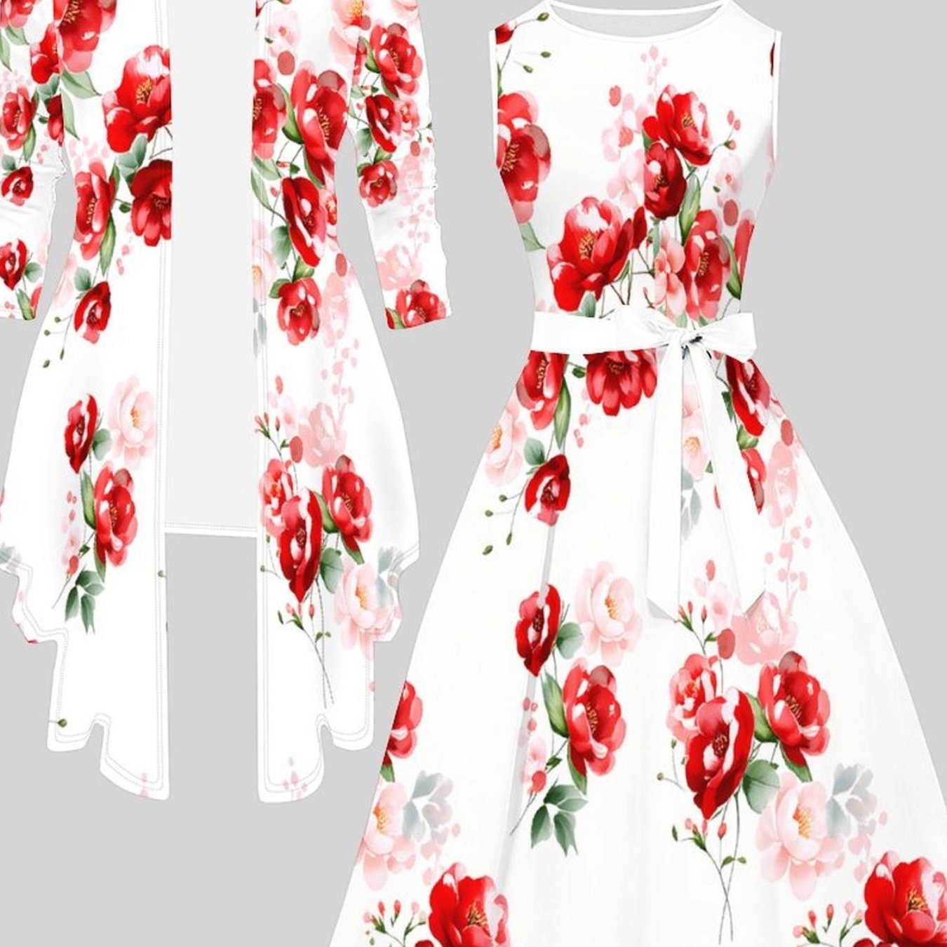Plus Size, Plus-size Women's 2pcs Set, Including Long-sleeve Coat And Waist-tied Cami Dress. Features Trendy Prints. It Can Reshape And Is Ideal For Daily Commutes And Gatherings.