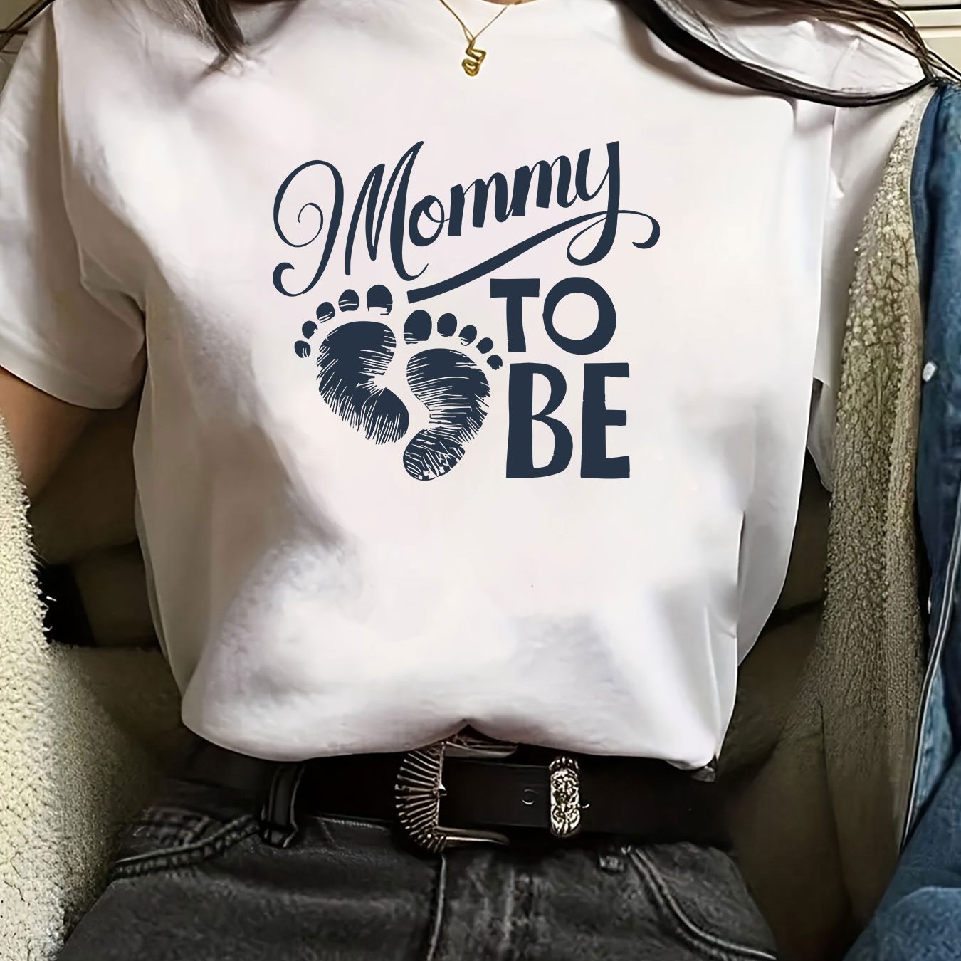 TEMU Women's "mommy To Be" Heart Print T-shirt - Casual Short Sleeve Crew Neck Top, Soft Polyester Fabric, , Maternity Clothing | Maternity Top |