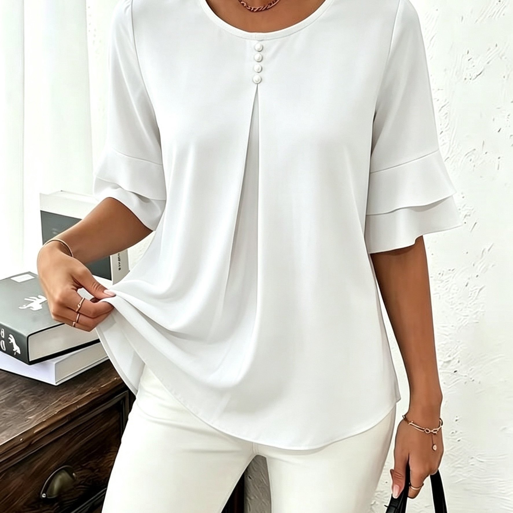 TEMU Plus Size, Spring/summer Elegant Pearl Button Decorated Simple Solid Color Shirt Top
