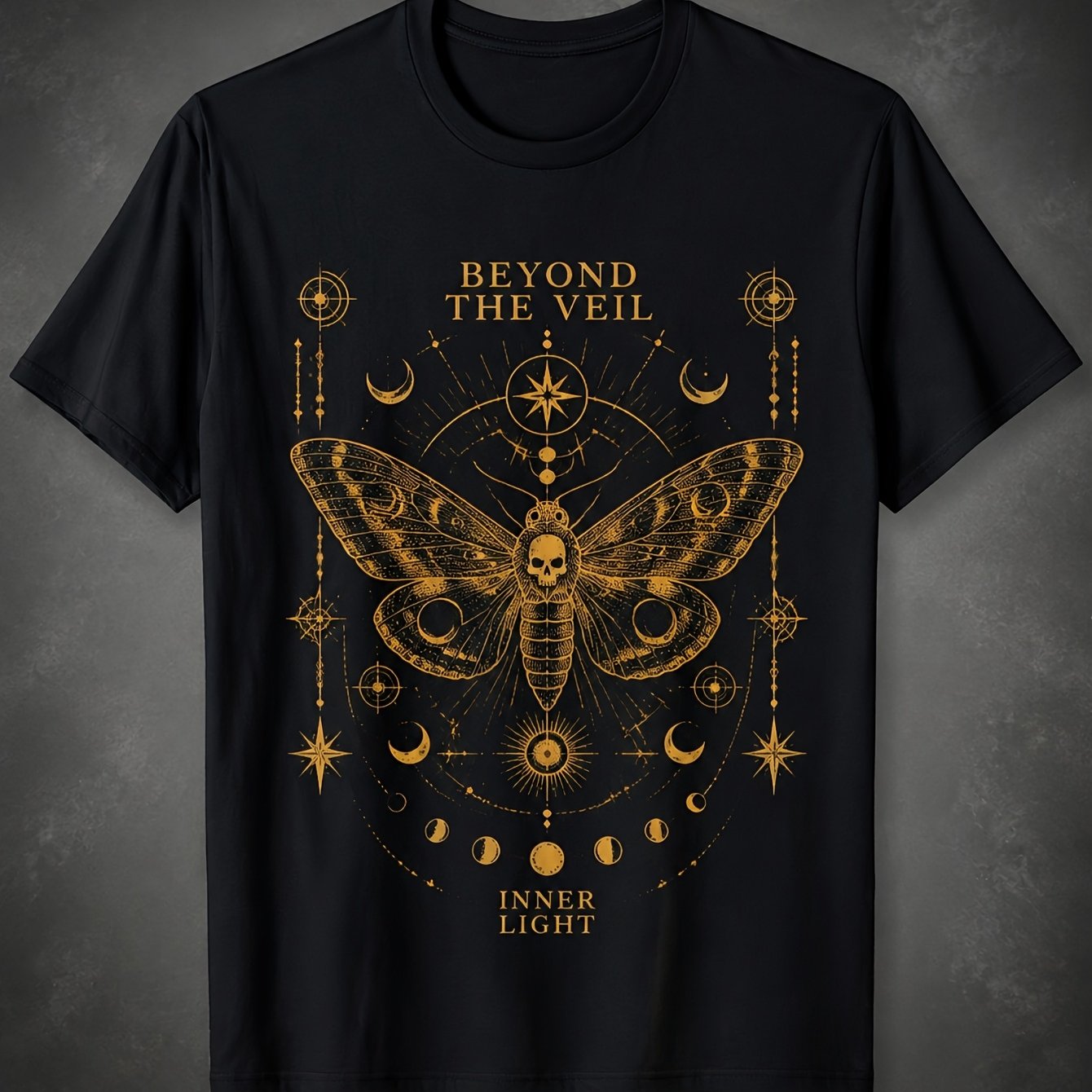 Image of Men's Celestial Moth Moon Phase Graphic T-shirt, Vintage Streetwear Short Sleeve Crew Neck Tee For Daily Casual Wear And Weekend Outfits