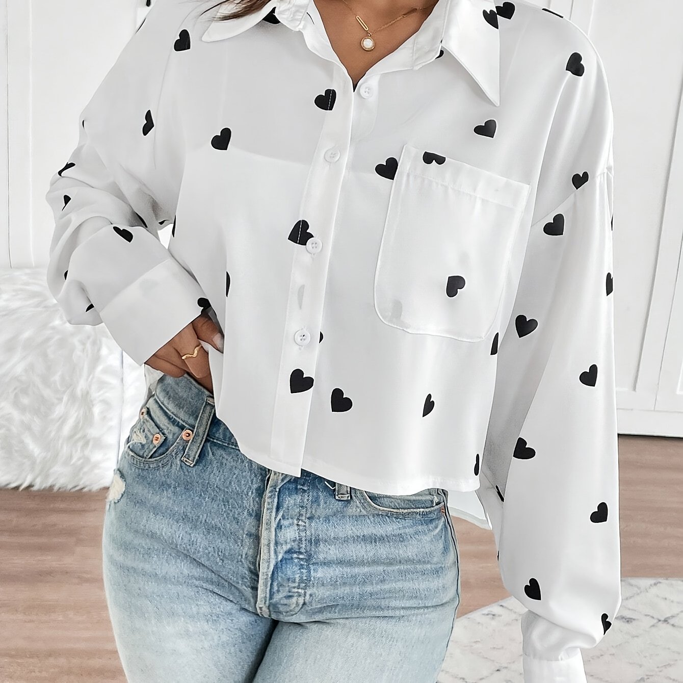 Image of Women's Valentine's Day Heart Print Cropped Long Sleeve Shirt - Elegant Button-up With Pocket Detail, White Polyester Blend, Casual Or Date Night Outfits, Valentines Day Gifts