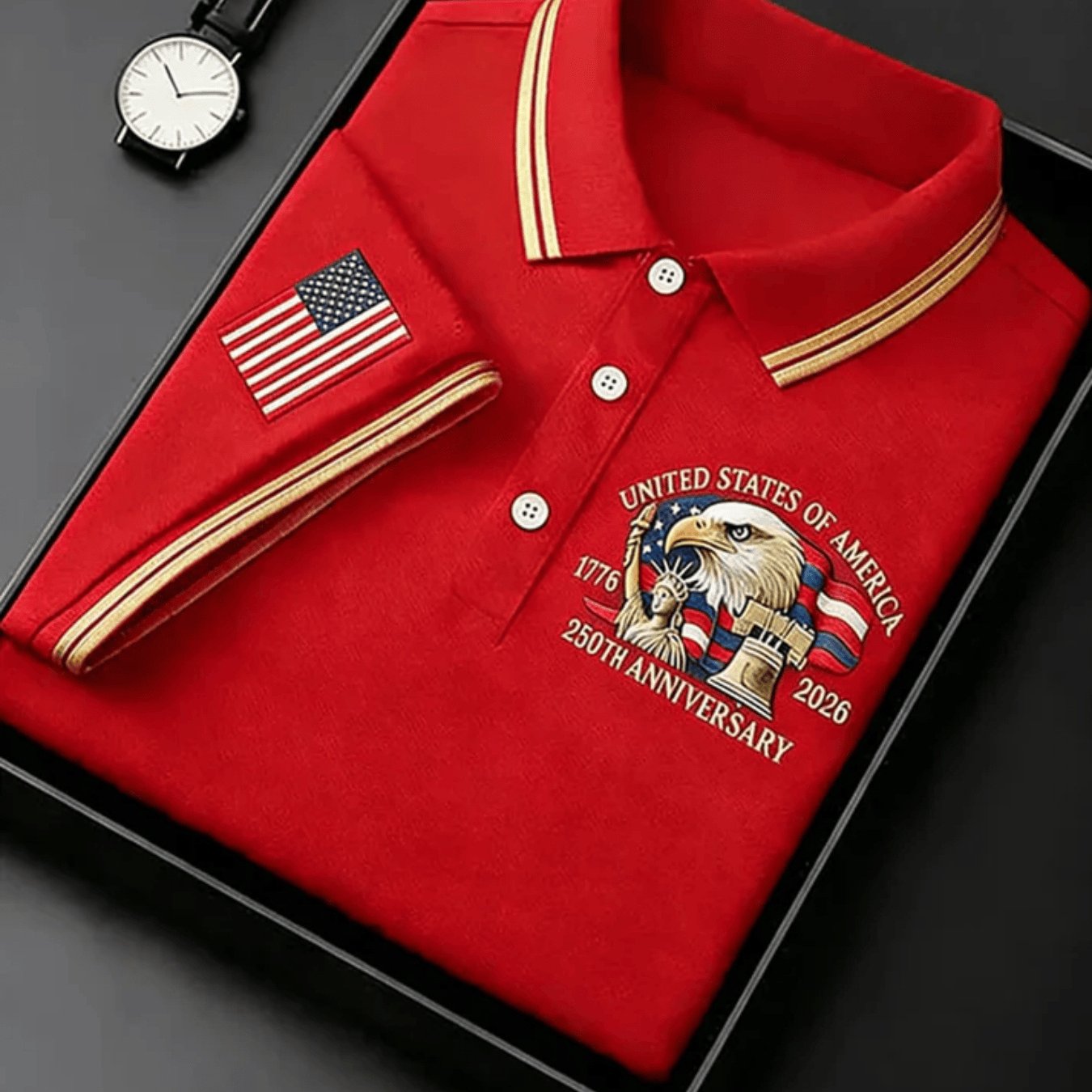 Image of Men's Short Sleeved Shirt, Commemorative Shirt For The 250th Anniversary Of Of The United States, Men's Bald Eagle And Statue Of Printed Contrasting Collar Short Sleeved Business Top