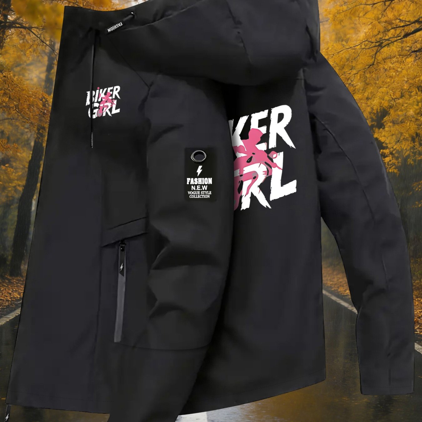 TEMU Veste S pour femme, coupe-vent à capuche avec poche à fermeture éclair et manches longues, imprimé attributs de de moto biker, veste coupe-vent