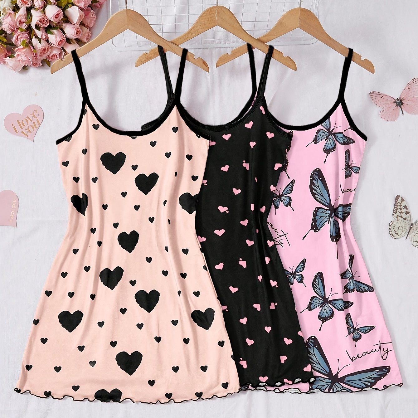 TEMU Ensemble 3 pièces nuisette et robe débardeur pour femmes, imprimé papillon , vêtements d'intérieur