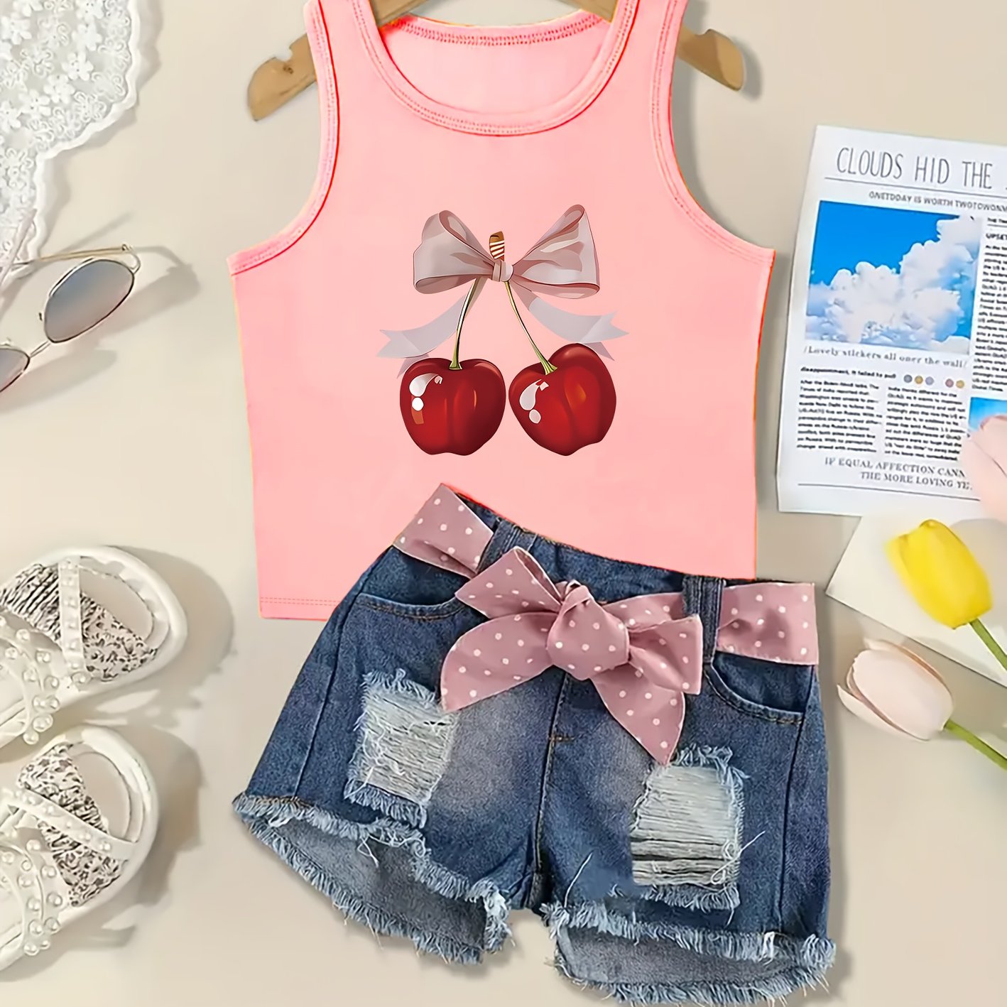 TEMU Cherry Bow Cute Print Girls' Casual Tank Top