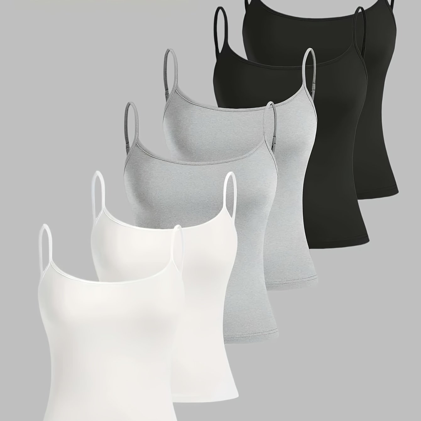 TEMU White Gray Camisole Women's Thin Strap Slim -match Inner Wear Outer Wear Sleeveless Top (6pcs Set)