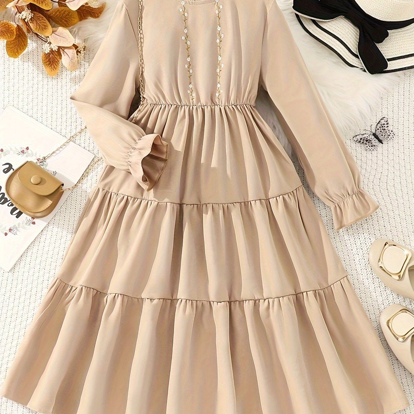 Image of Autumn Teen Fashion New Gentle Cute Floral Branch Embroidery Ruched Lace Small Stand Collar Small Trumpet Lantern Sleeve Umbrella Skirt Hem Daily Casual Comfortable Vacation Party Girls' Dress