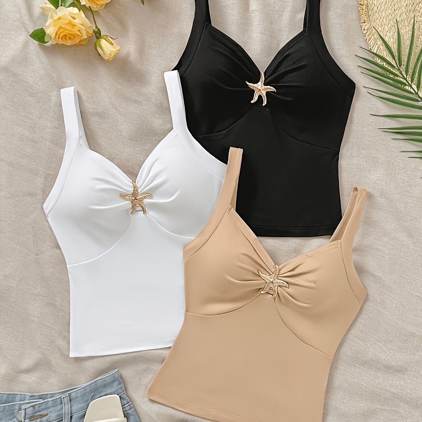 TEMU 3pcs Women's Spring Summer French V-neck Ruched Star Accessory Pure Style Short Camisole Fashion Vest Top