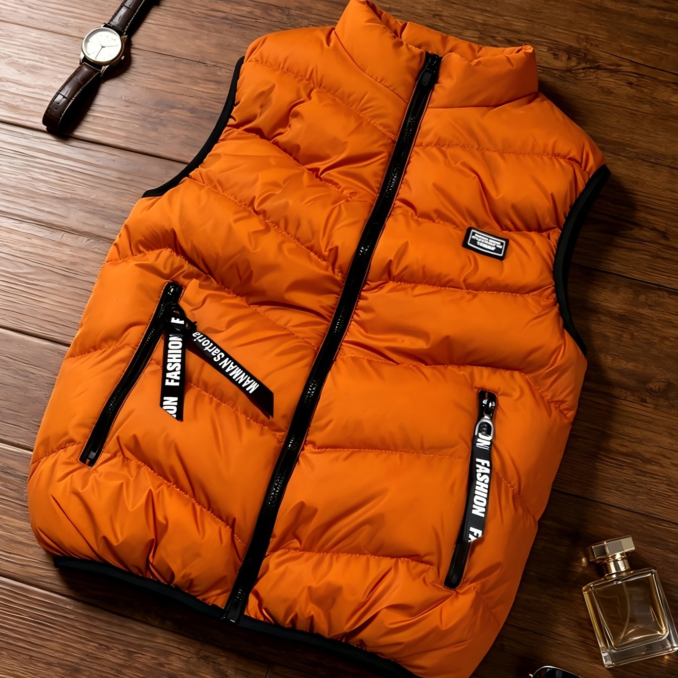 TEMU Taro Rice Obm Men's Thickened Warm Vest - Full-zip Winter Jacket, Collar Design With Zippered Pockets - Full-length Zipper Closure - Full-zip