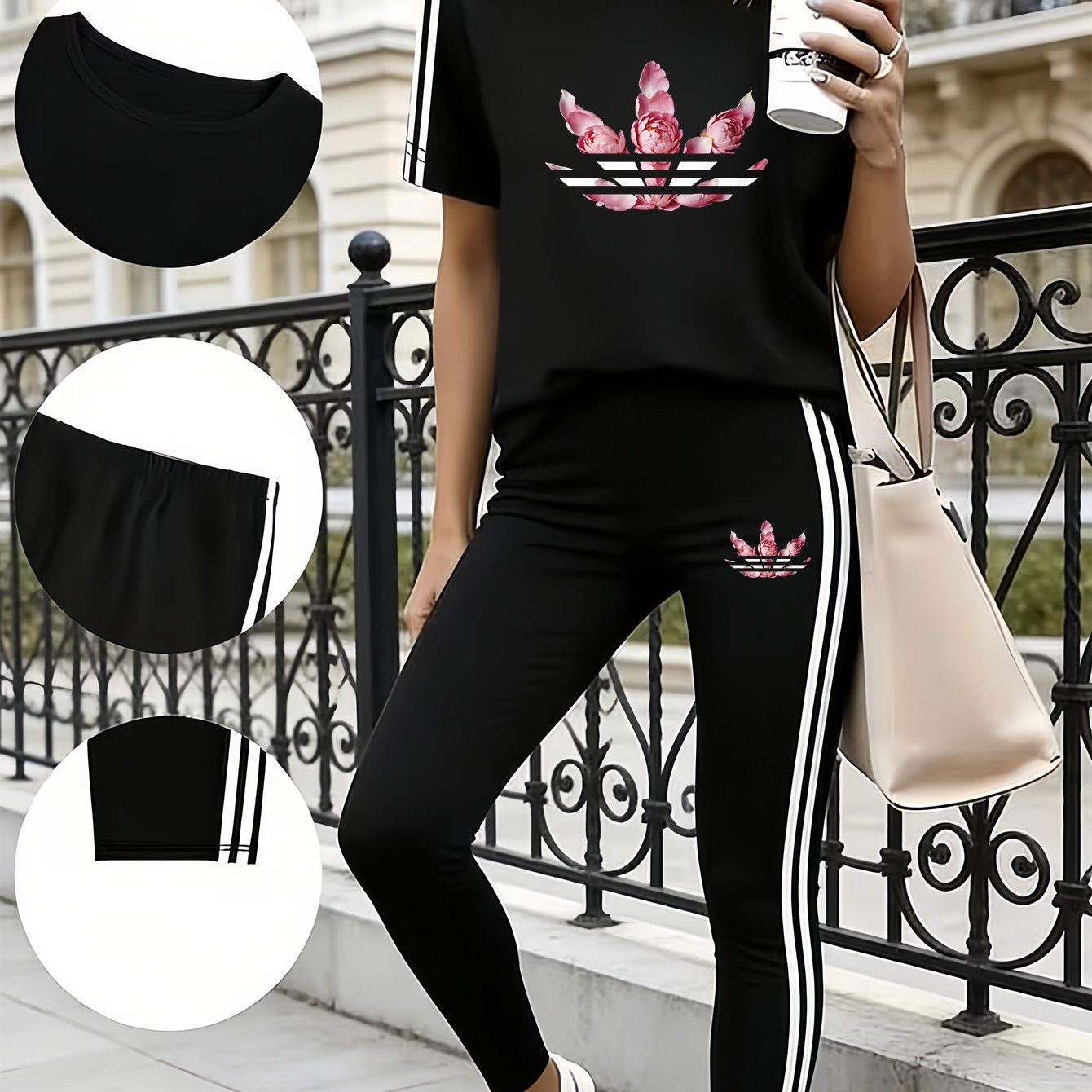 TEMU Women's Spring And Summer S Outfit With Short Sleeves And Long Pants, Featuring Side Stripes And A Graphic Print, Easy And For Campus And