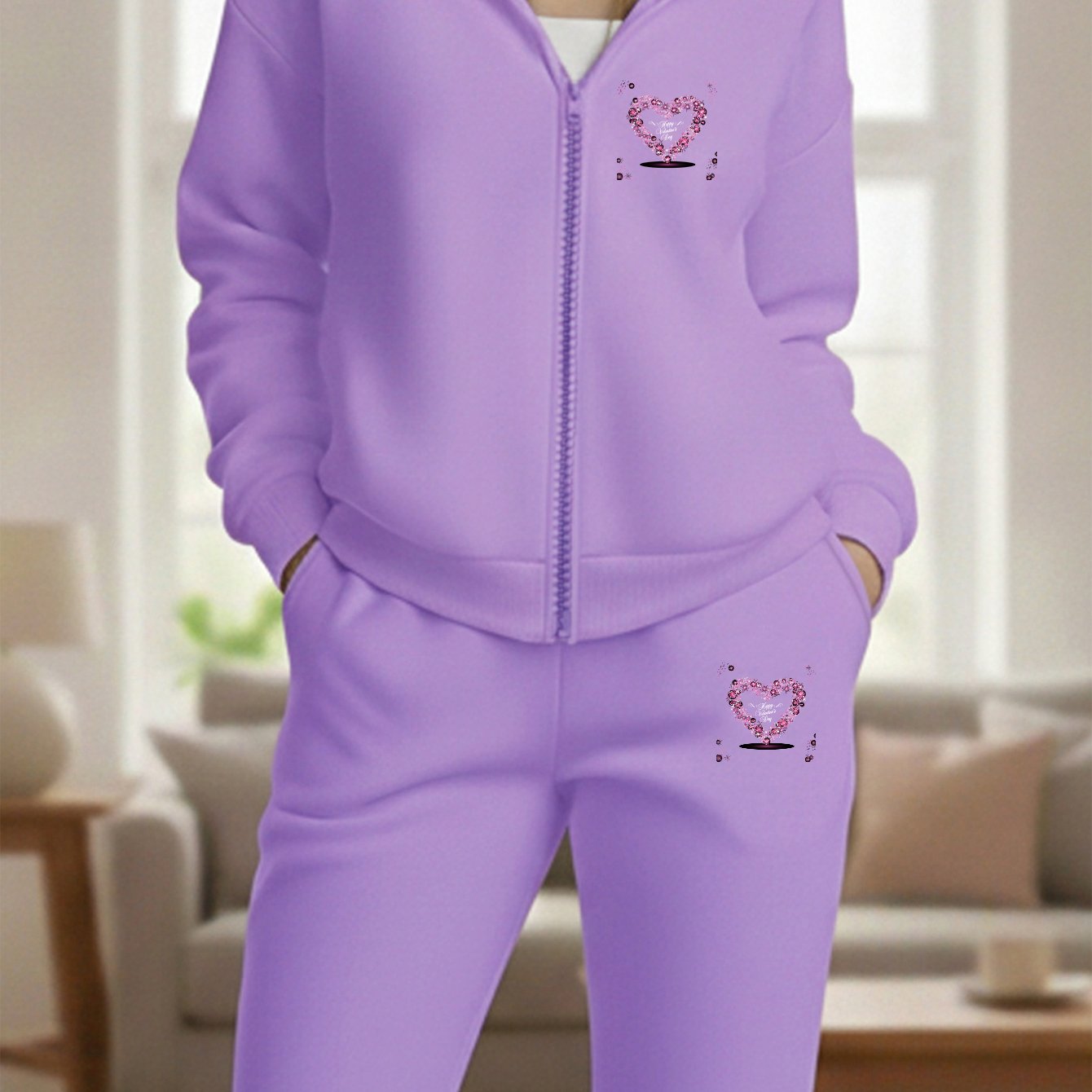 TEMU 2pcs Valentine's Day Themed Sportswear Set For Women, Casual Sportswear Two-piece Set With Heart Print Zip-up Sweatshirt And Matching Joggers,