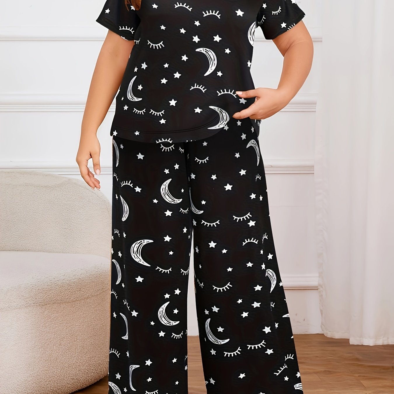 Plus Size Pajama Sets Women Summer Sleepwear Cotton Cute Sun Moon