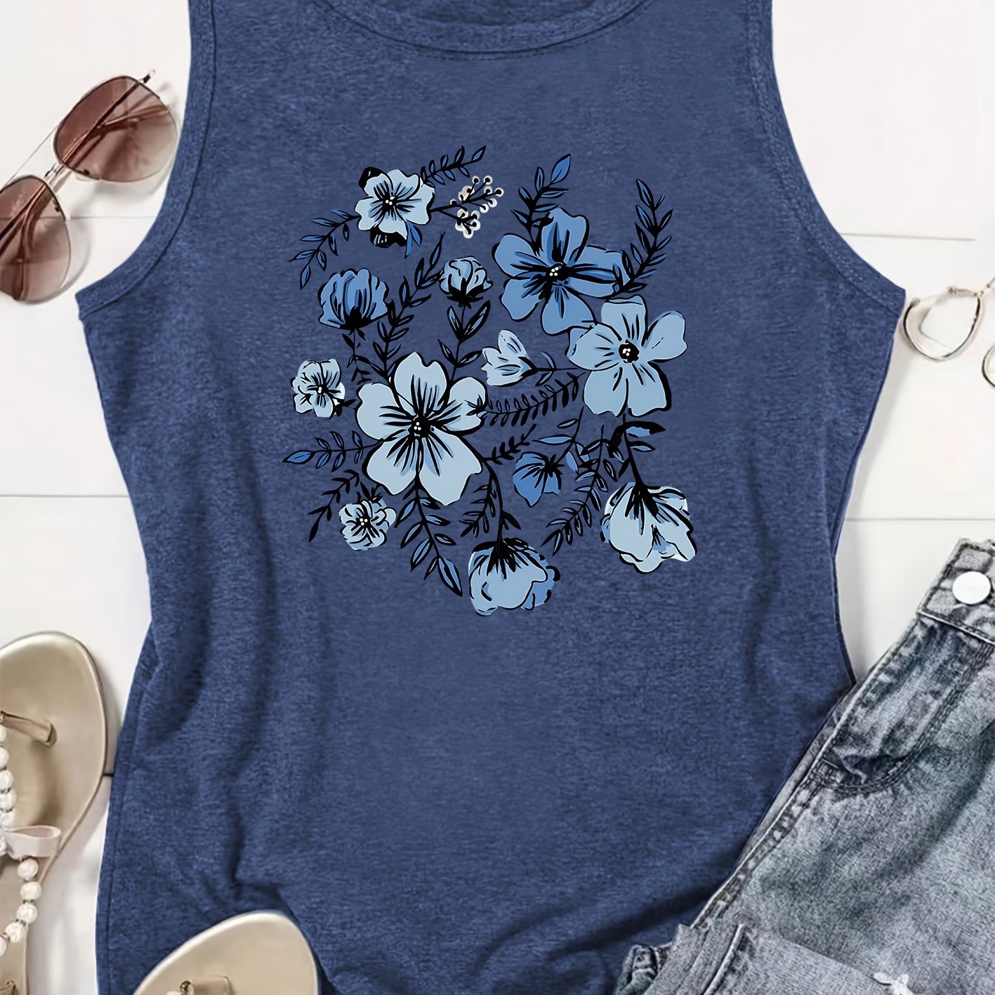 TEMU Elegant Party Women's Clothing Blue Floral Pattern Printed Round Neck Women's Spring Summer Autumn Vest, Fashionable Photo Outfits