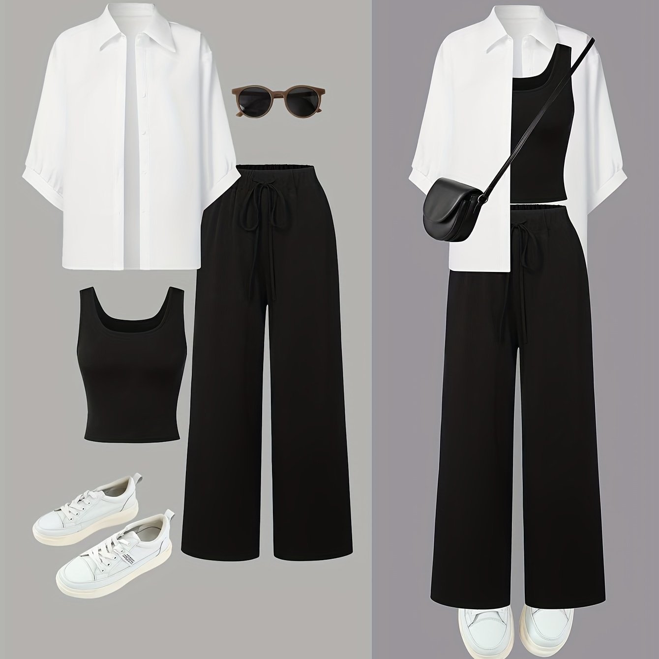 TEMU 3pcs Casual Solid , Button Front Long Sleeve Shirt & Tank Top & Straight Leg Pants Outfits, Women's Clothing