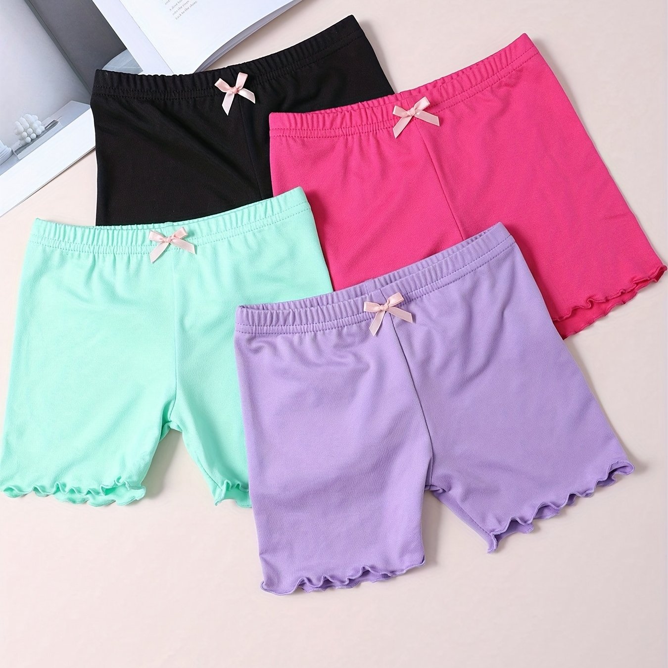 4-pc Of Girls' Shorts With Small Bows, For Outdoor