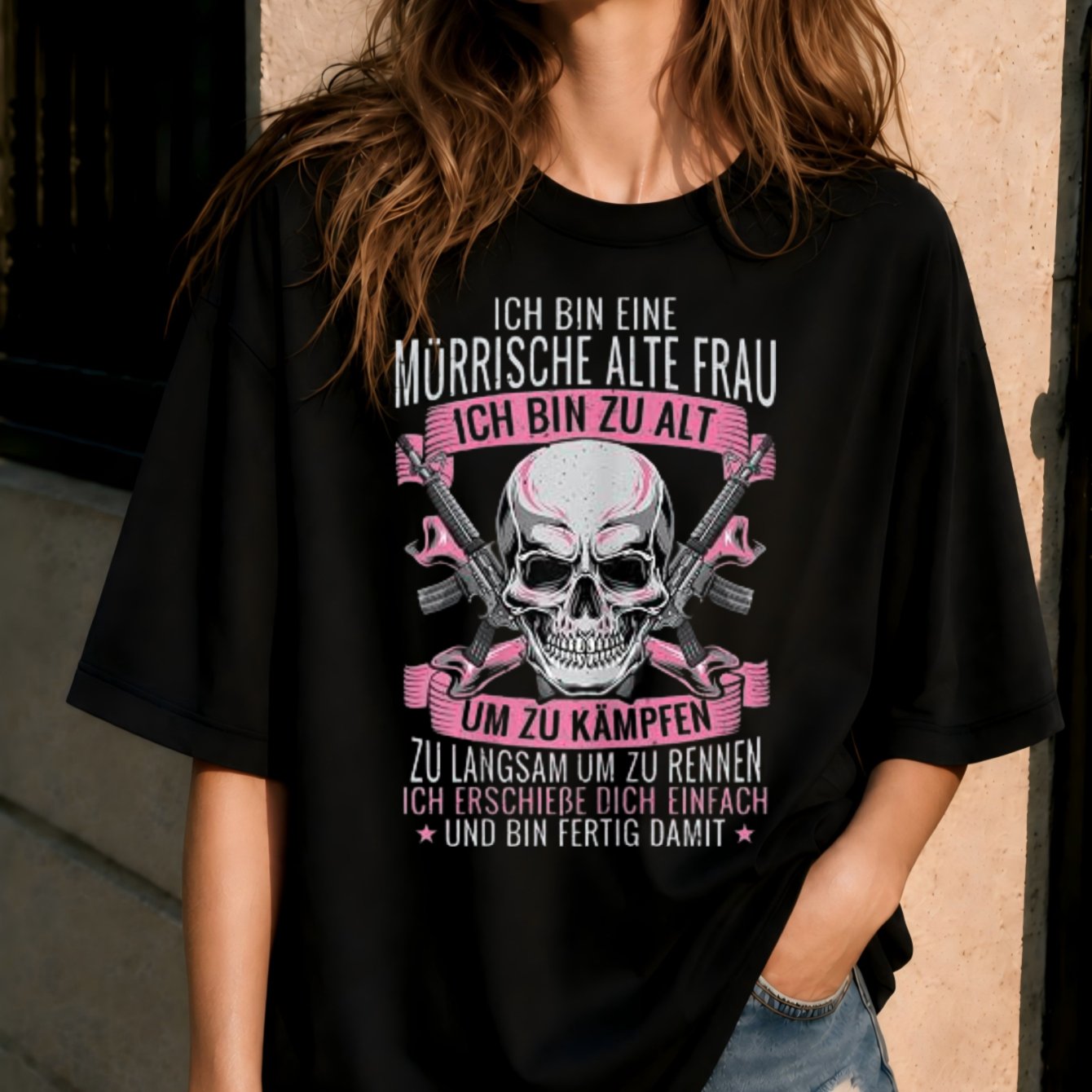 Old Woman German Slogan T-shirt Skull With Rifles And Pink Accents Dark Humor Tough Attitude Graphic Style Women's T-shirt
