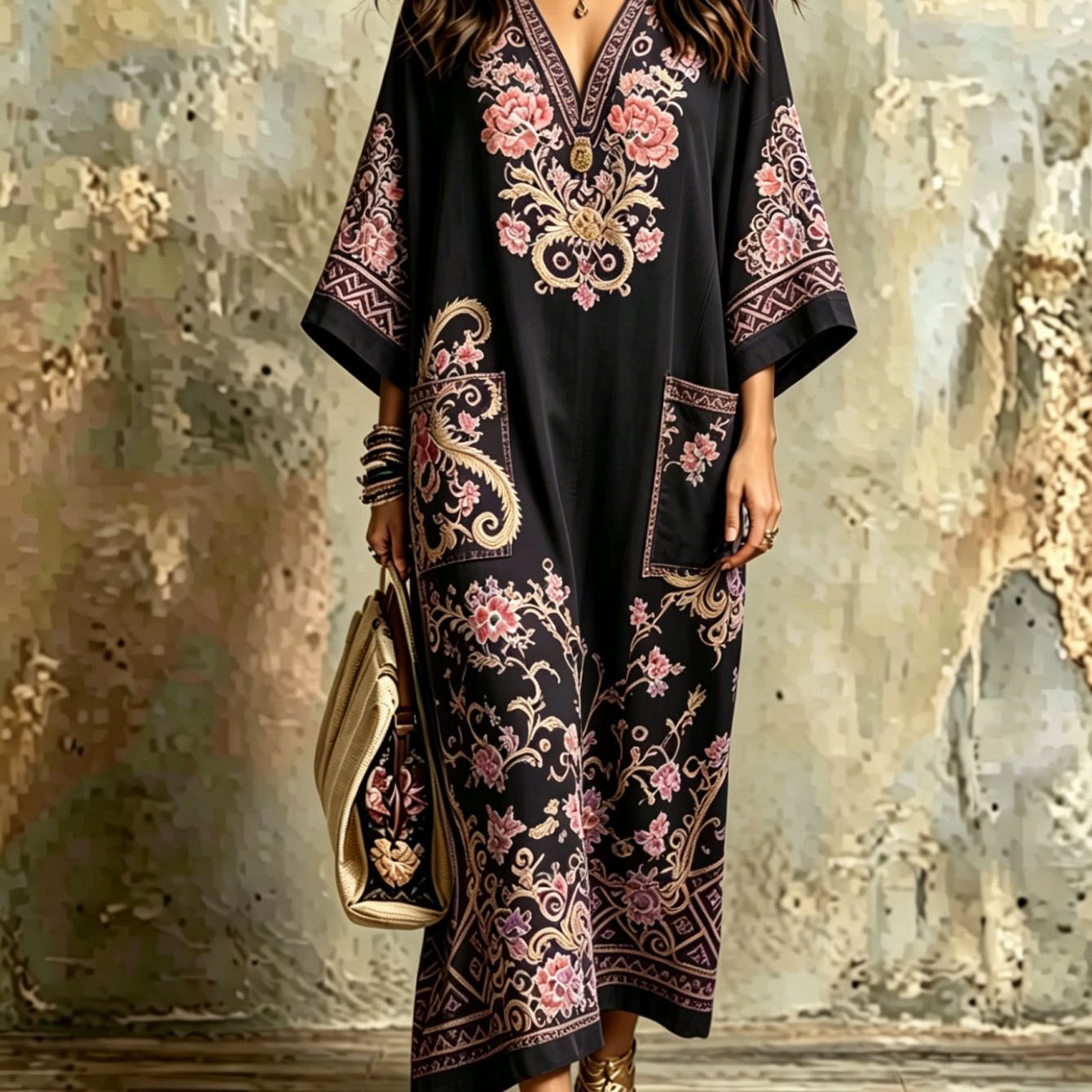 Plus Size - Summer Dress For Women Elegant Vacation Plus Size Full Print Maxi Kaftan, Deep V Neck Wide Sleeve Pocket Loose Long Dress, Boho Beach Holiday Flowy Casual Outfit