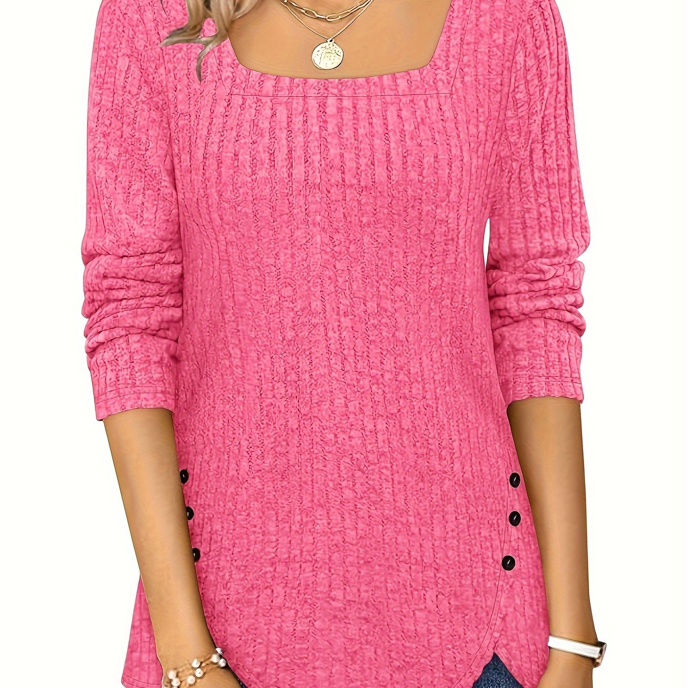 Women's Plain Button Wrap Ribbed Tunic Tops Casual Long Sleeve Square Neck Sweater For Spring And Fall