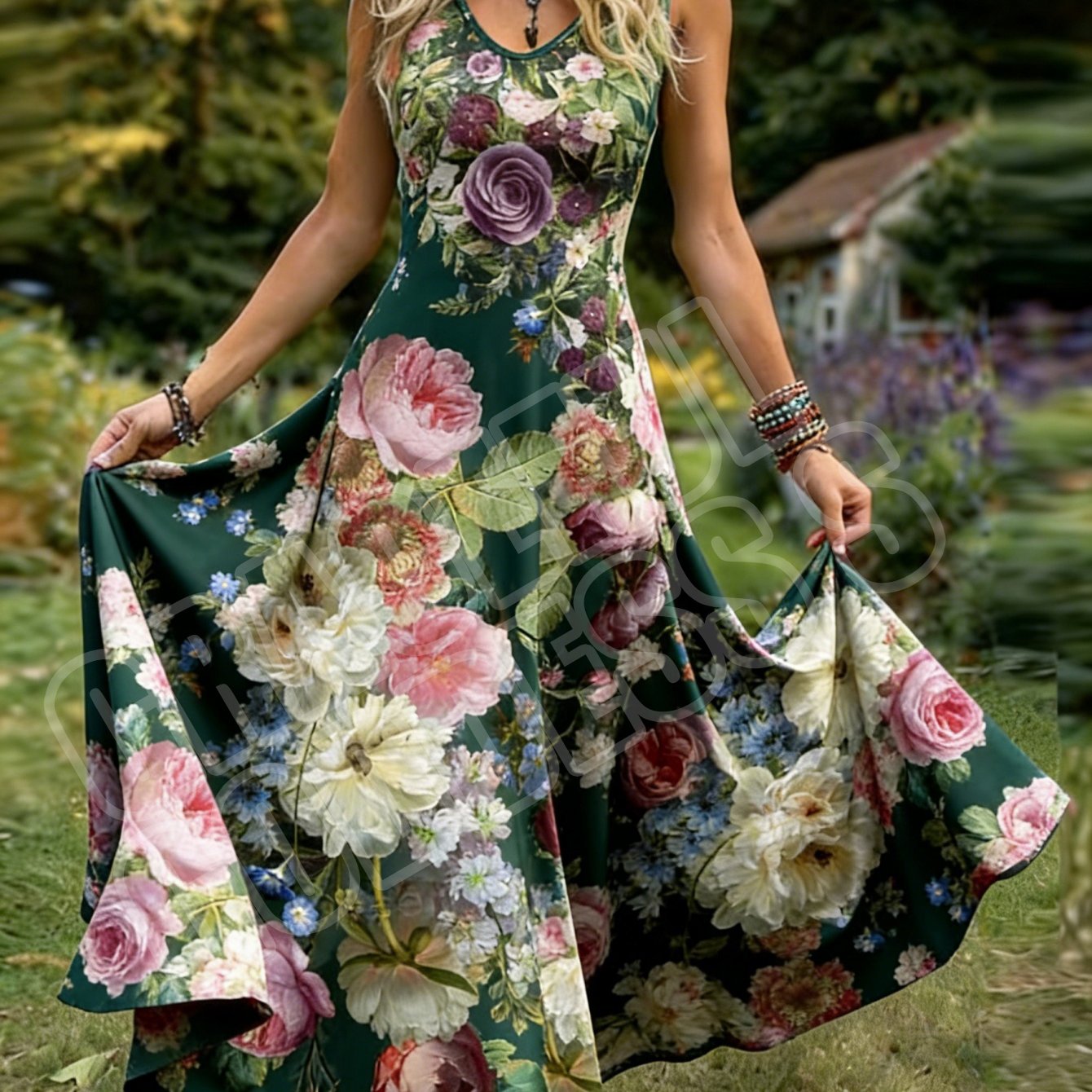 Women's Retro Style Sleeveless Dress With Floral Print, Pastoral V-neck A-line Maxi Skirt. Machine Washable, Perfect For Daily Wear And Travel