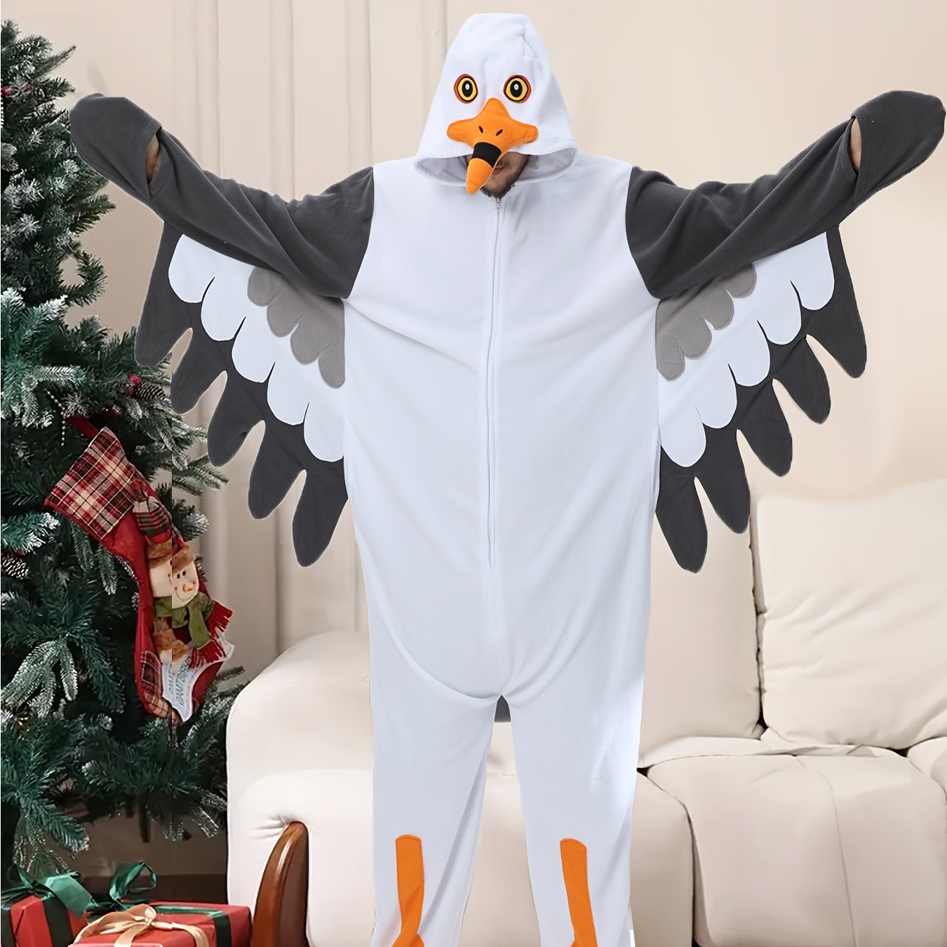 TEMU Conjunto de mameluco de dibujos animados forrado para hombre adulto Seagull, mameluco de animal para otoño e invierno, bata con capucha y de