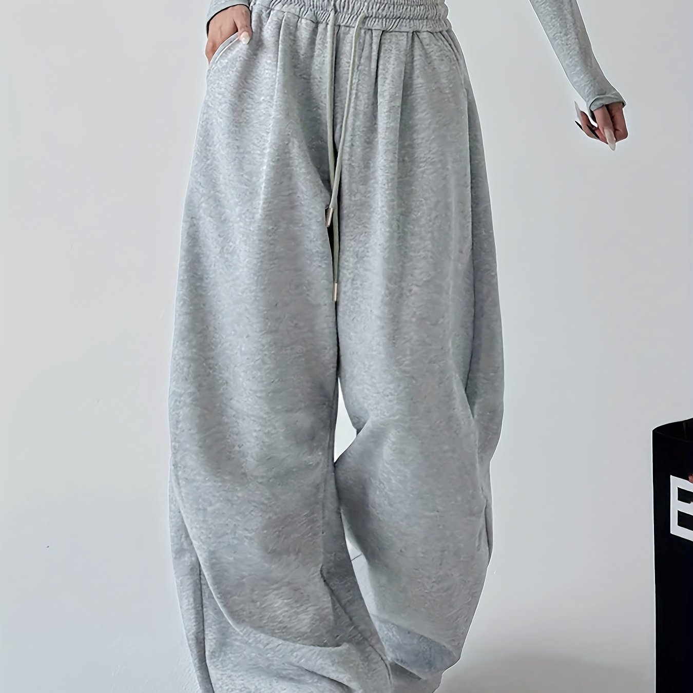 Women's Casual Athletic Long Pants, Elastic Drawstring Waist High-waist Pocket Loose Easy Wide Leg Joggers