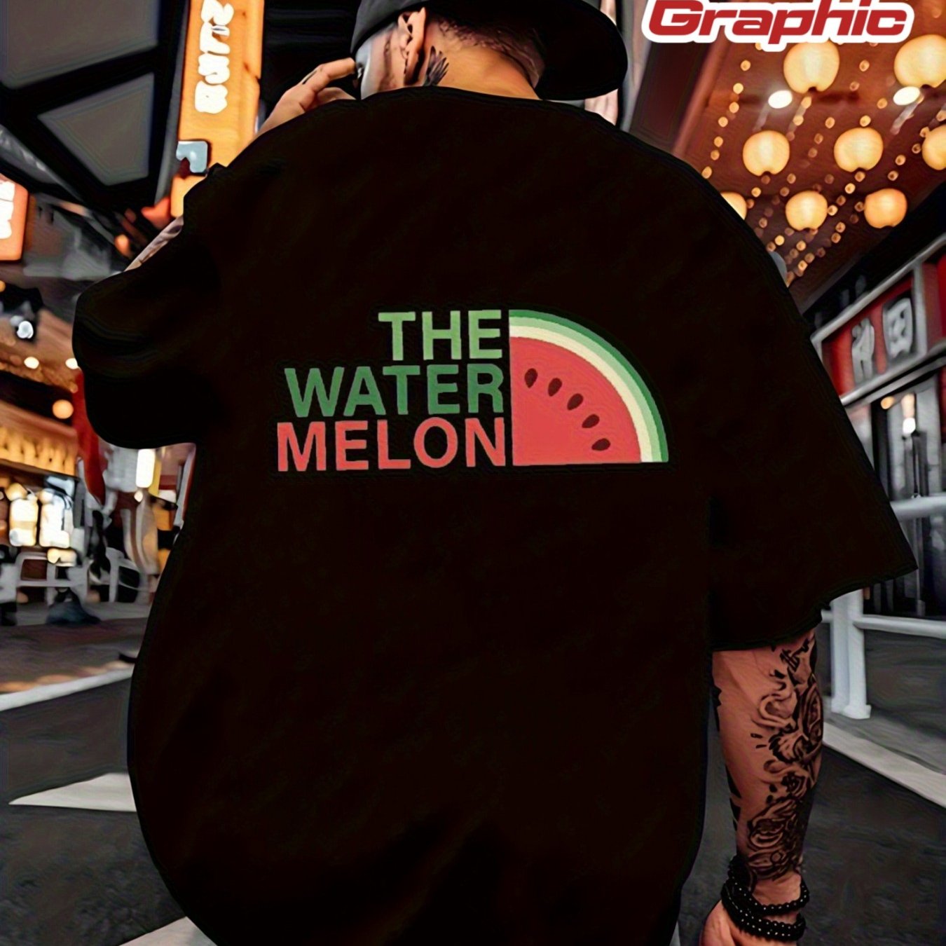 TEMU Men's Black Watermelon Graphic T-shirt With The Text & Fruit Slices - Soft Breathable Regular Fit Casual Streetwear Short Sleeve Round Neck Tee