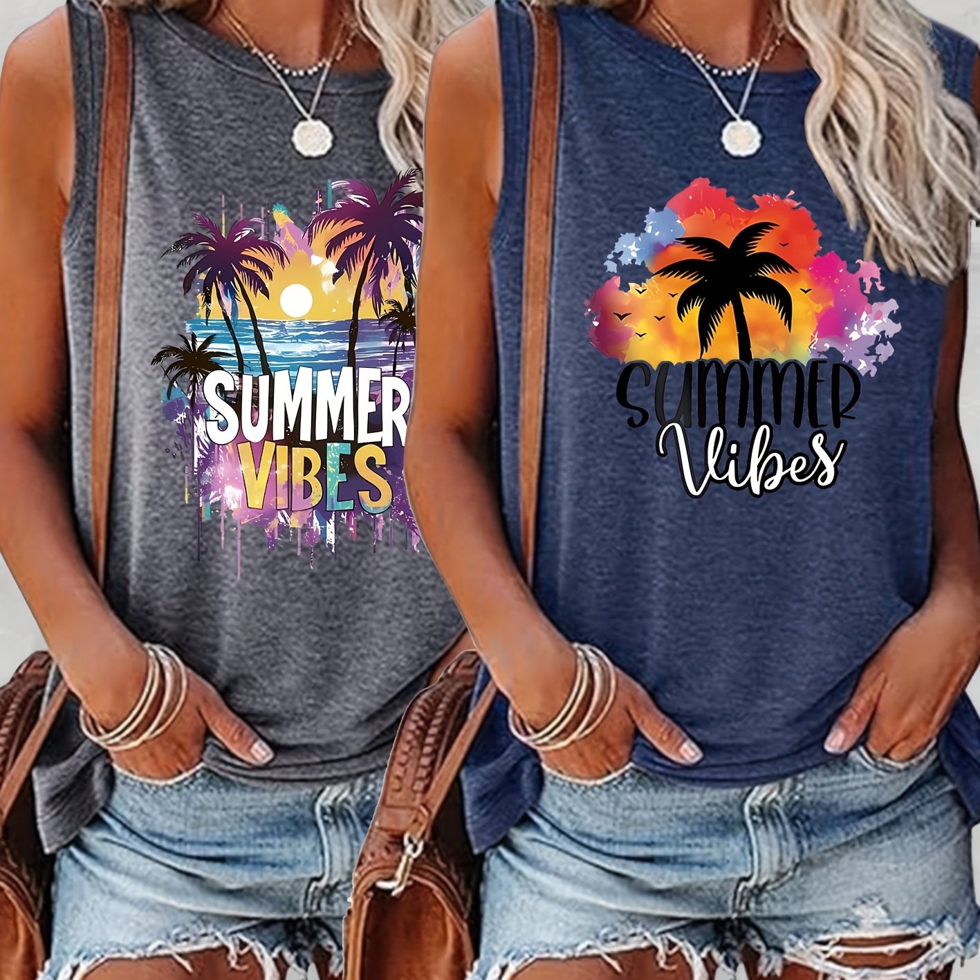 TEMU 2pcs Set Minimalist Retro Summer Coconut Tree Sunset Letter Print Round Neck Vest Top, Vintage Casual Women's Clothing In Multiple Colors S-xxl