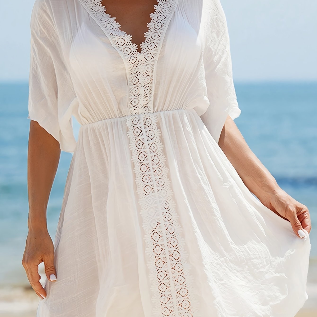 YY0207545) Women'S V-Neck Lace * Solid Color Beach Cover-Up Dress, Summer  Style