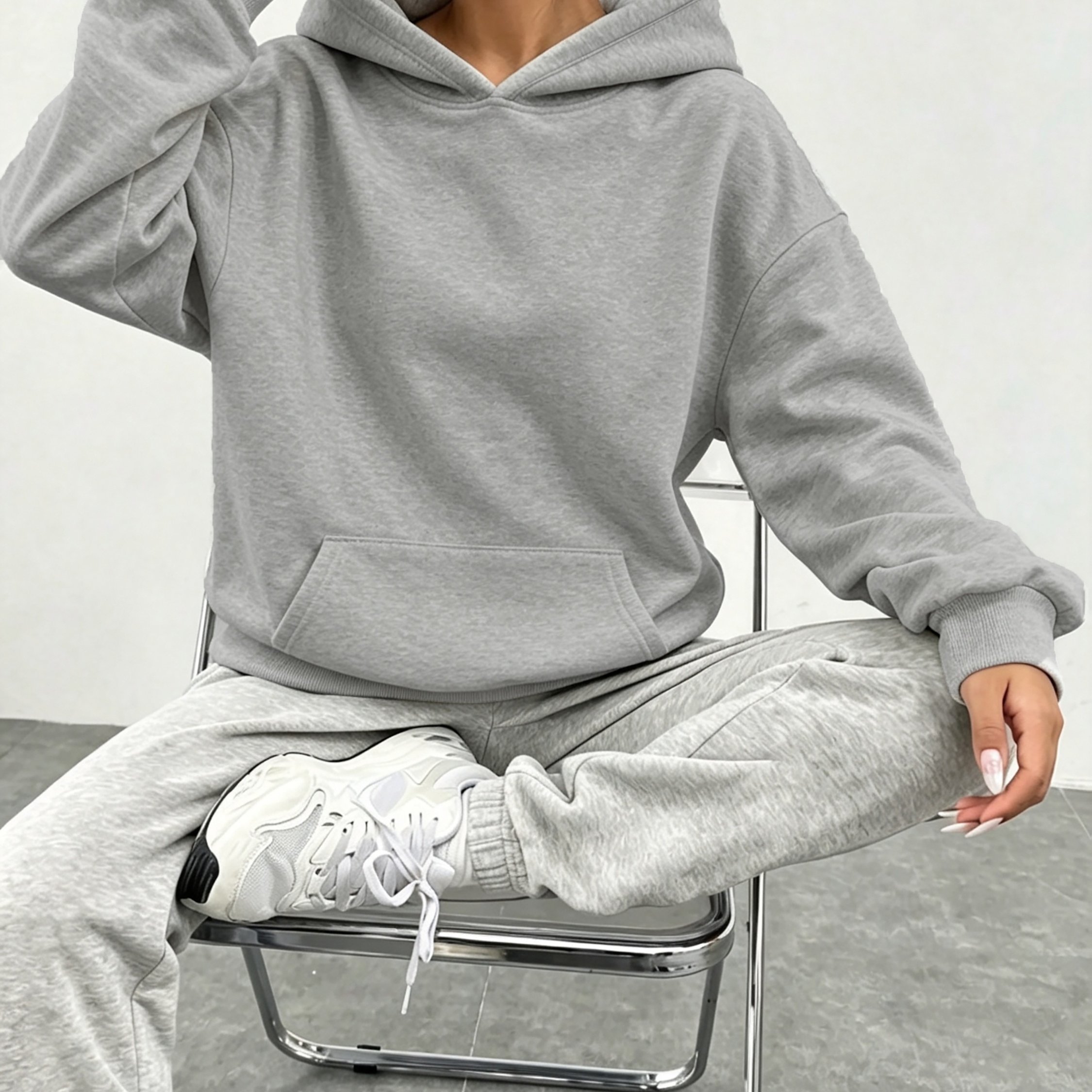 TEMU Women' Spring/autumn Versatile Trendy Solid Color Hooded Sweatshirt, Drop Shoulder Loose Fit, Flattering On All Body Types, Simple Drawstring-,