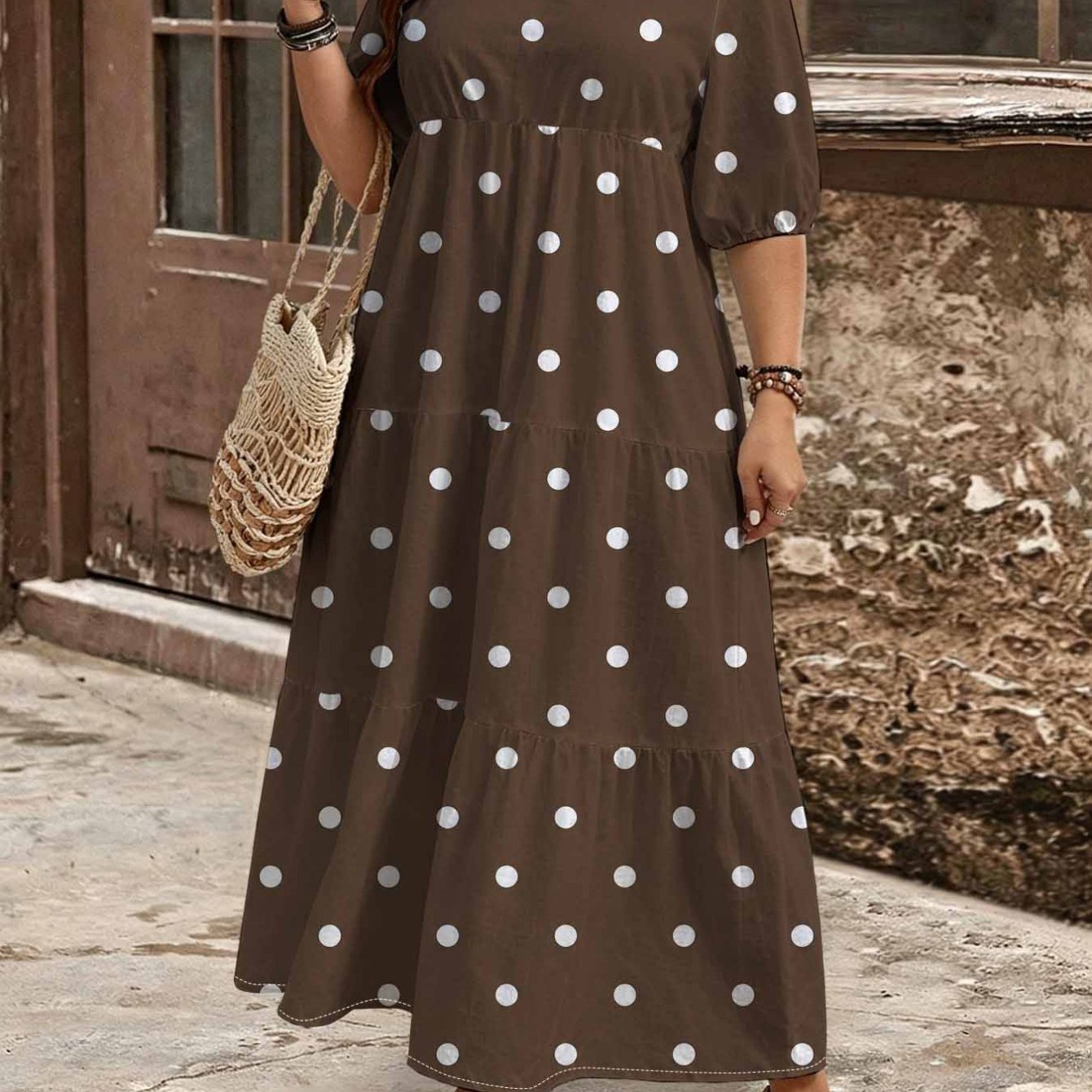 Image of Plus Size - Summer Plus Size Polka Dot Printed V-neck Bubble Sleeve Maxi Dress For Women, Layered Cake , Vintage Elegant Retro Loose Fit Resort Holiday Vacation Dress For Daily Wear